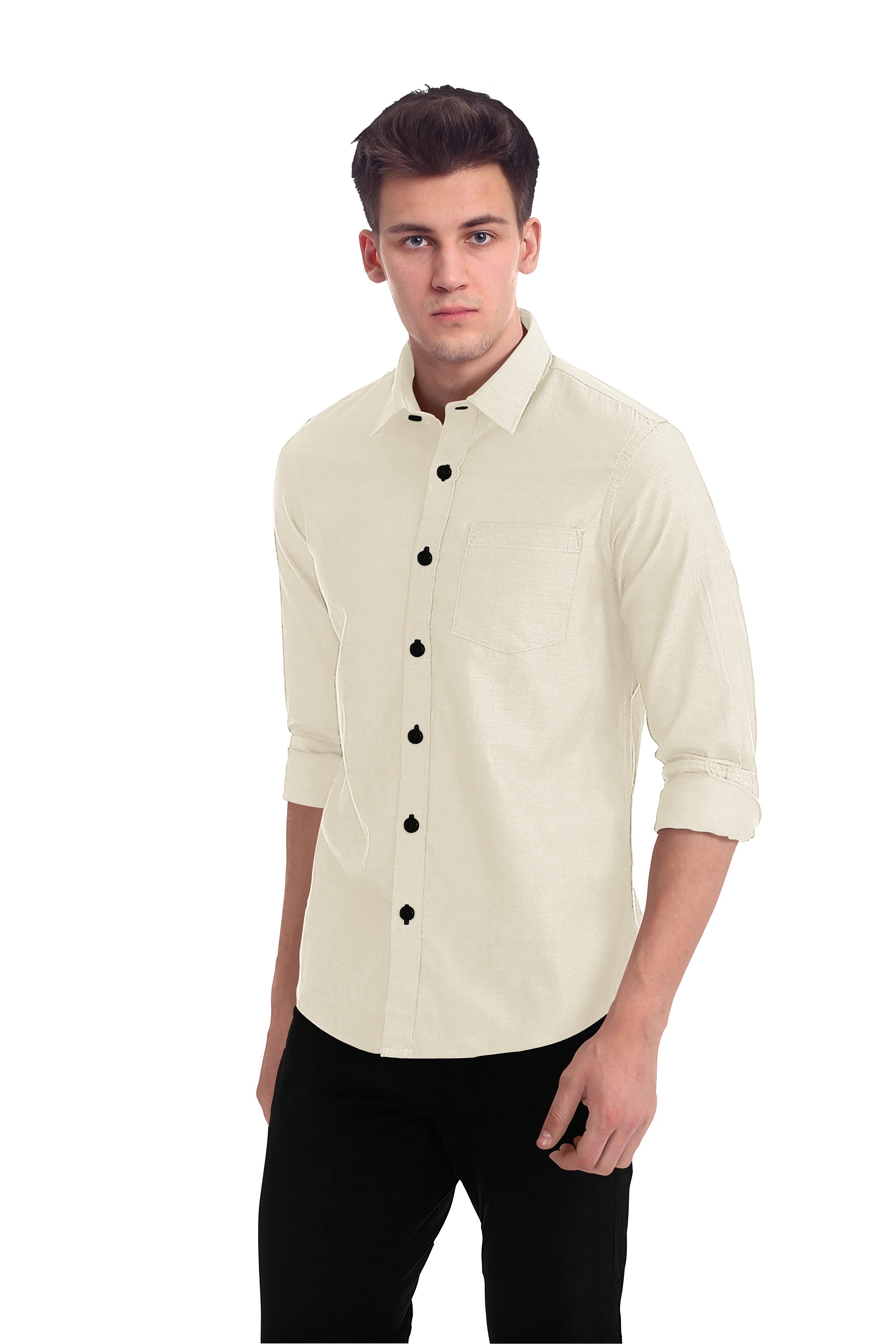 Cream Solid Plain Cotton Shirt With Spread Collar and Full Sleeves