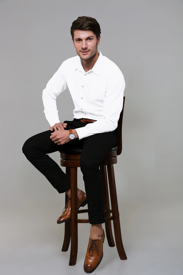 White Solid Plain Cotton Shirt With Spread Collar and Full Sleeves