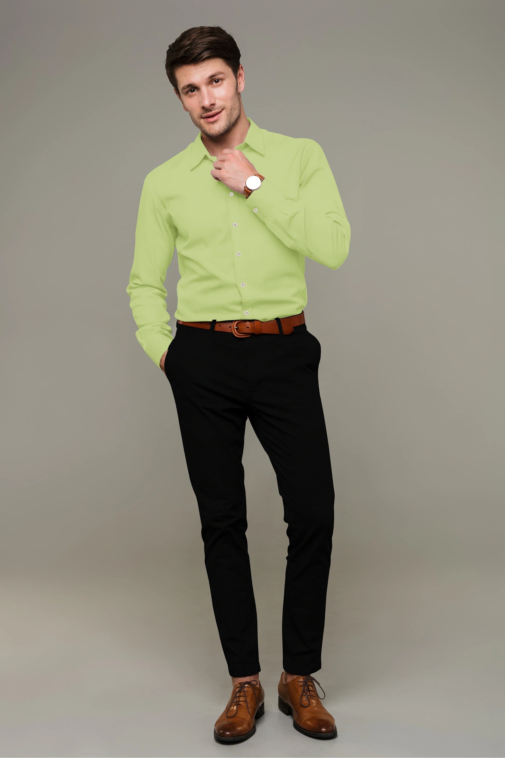 Pistachio Solid Plain Cotton Shirt With Spread Collar and Full Sleeves