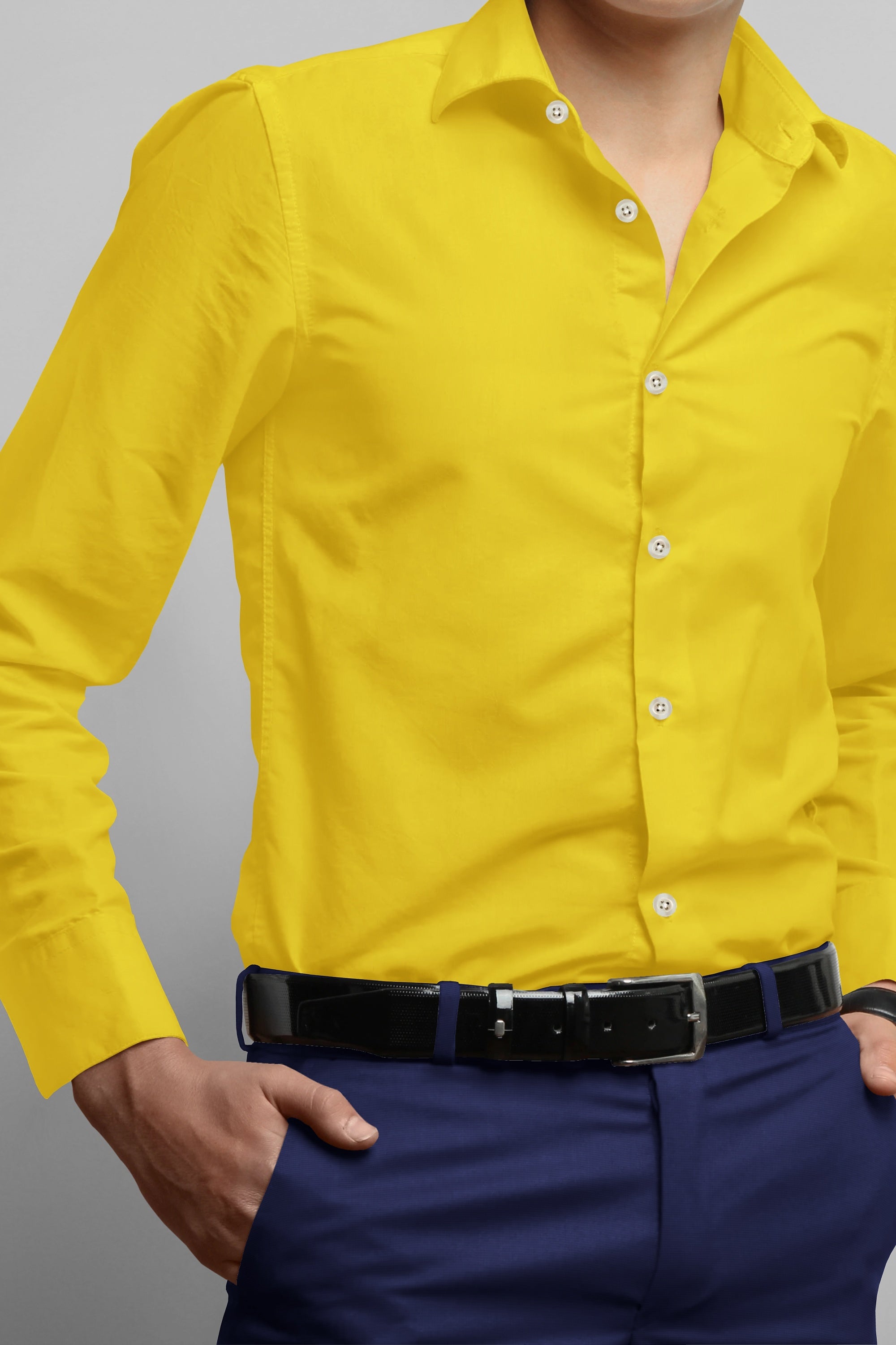 Lime Yellow Solid Plain Cotton Shirt With Spread Collar and Full Sleeves