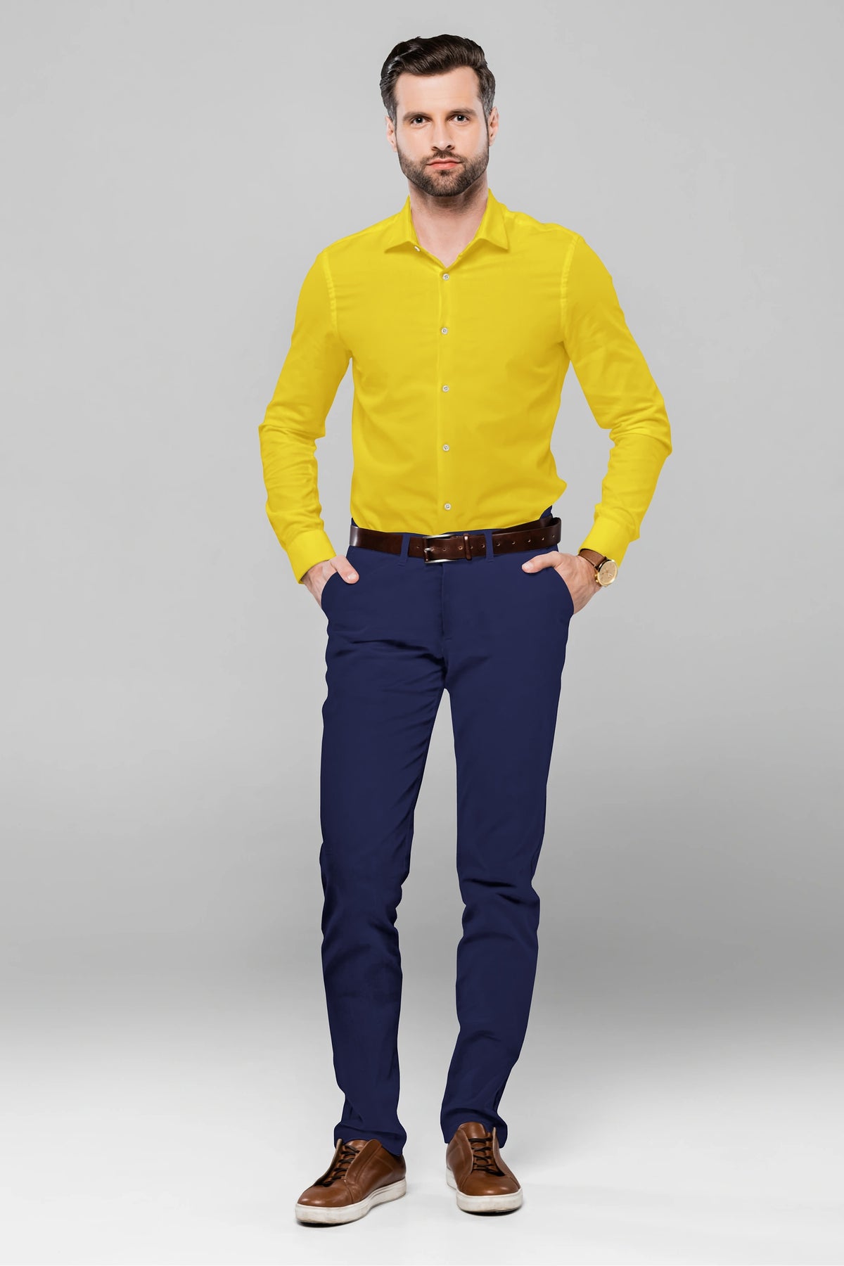 Lime Yellow Solid Plain Cotton Shirt With Spread Collar and Full Sleeves