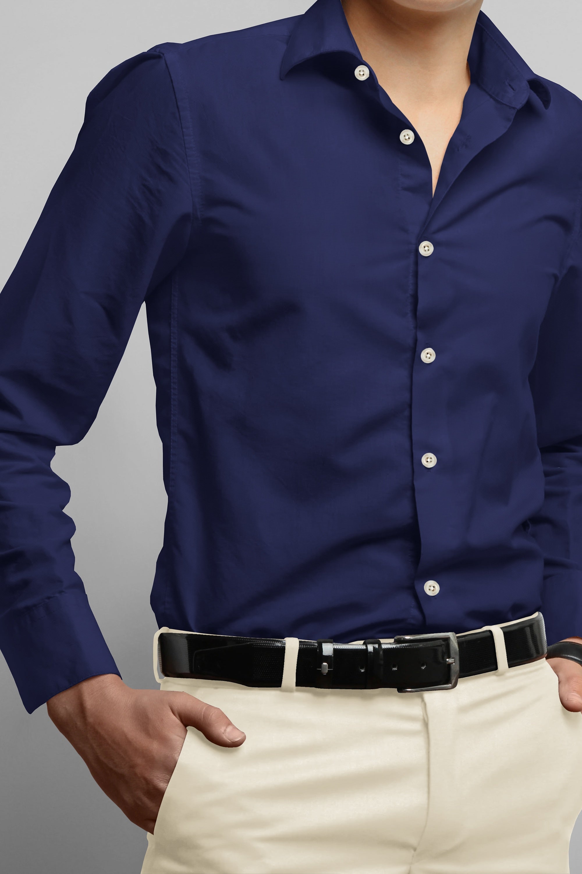 Navy Blue Solid Plain Cotton Shirt With Spread Collar and Full Sleeves