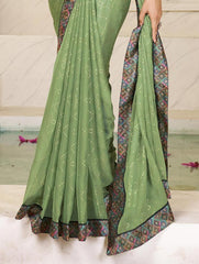 Green Chiffon Foil Digital Print Saree