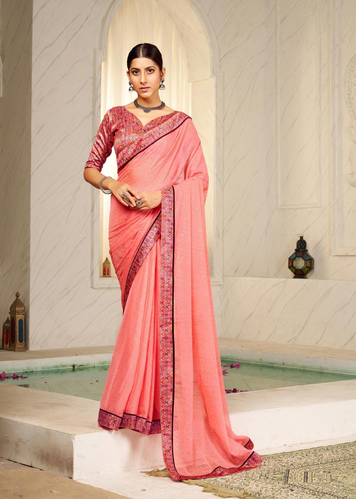 Peach Chiffon Foil Digital Print Saree-SHNYA1008