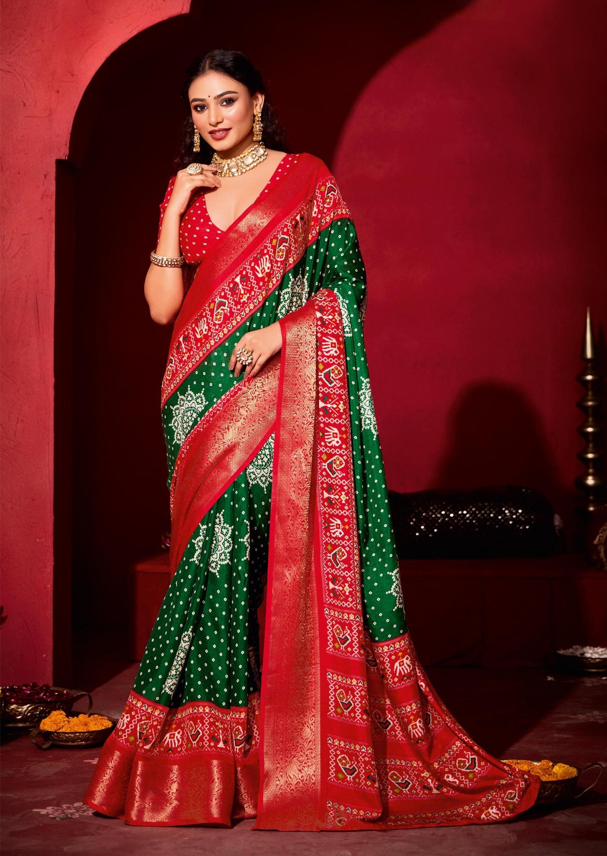 Green Dola Silk Bandhani Print Saree-SKHA1003