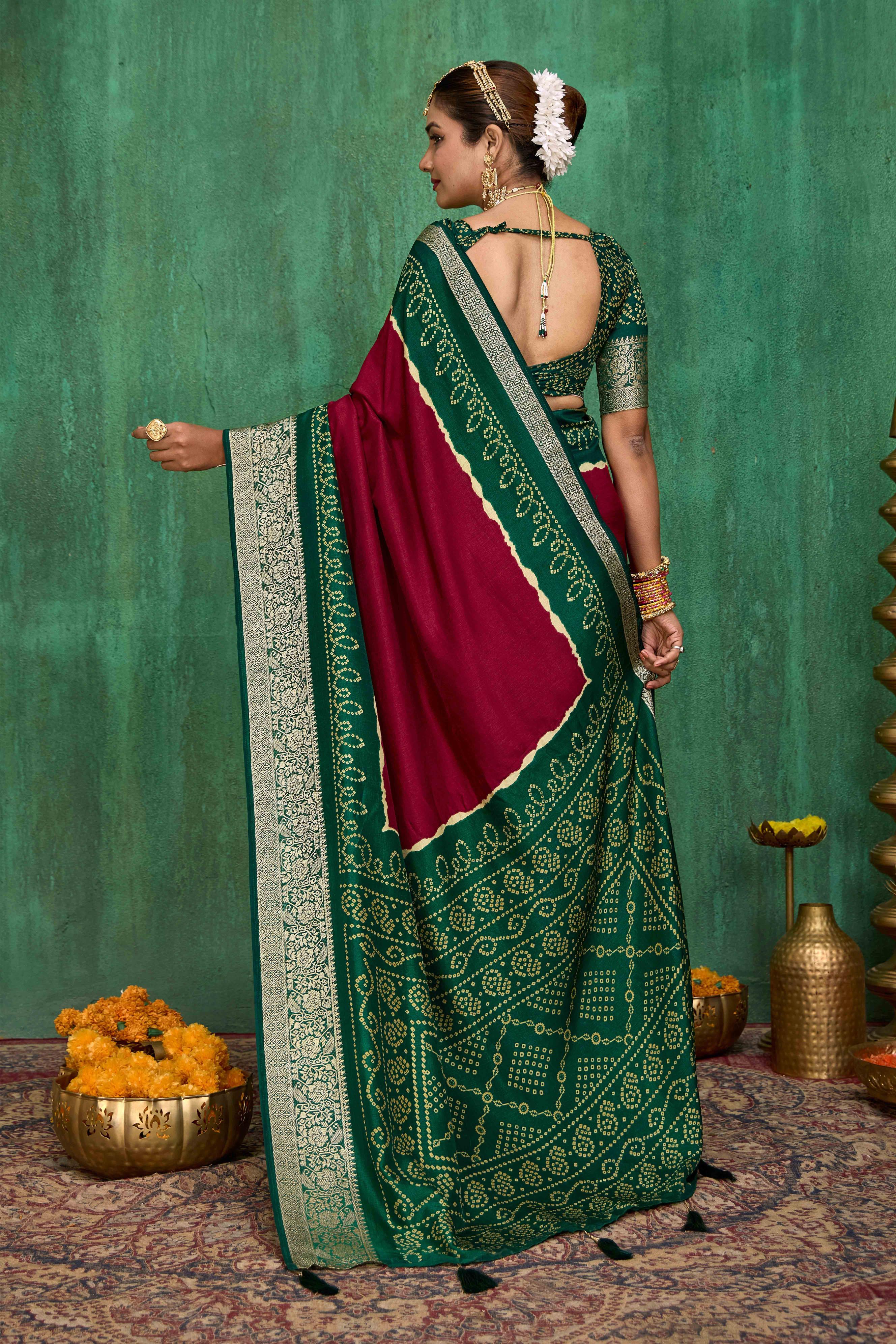 Maroon Velvet Tusser Silk  Solid Saree