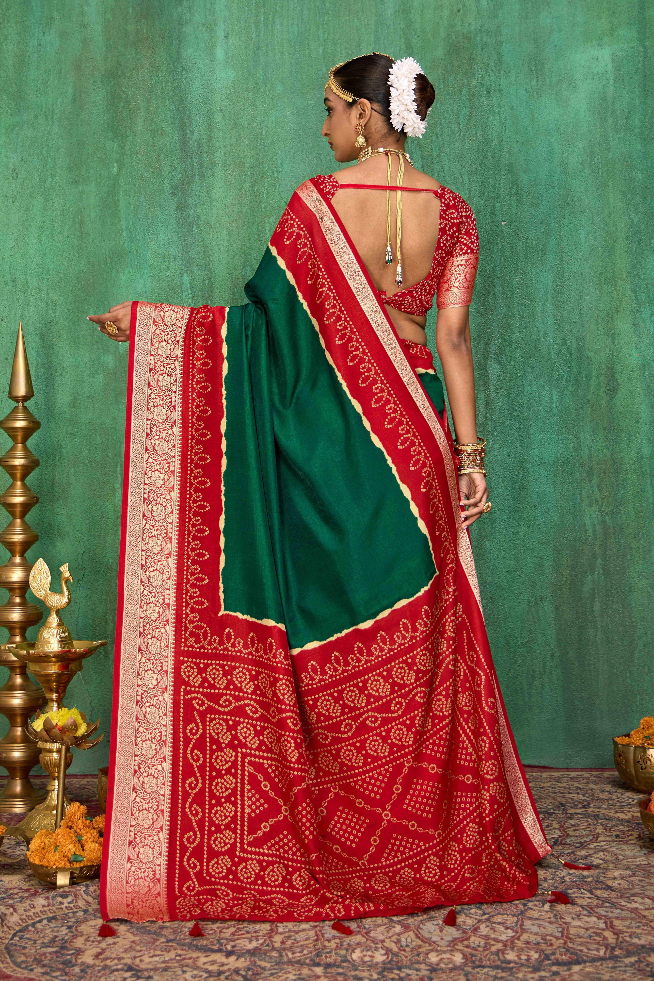 Green Velvet Tusser Silk  Solid Saree