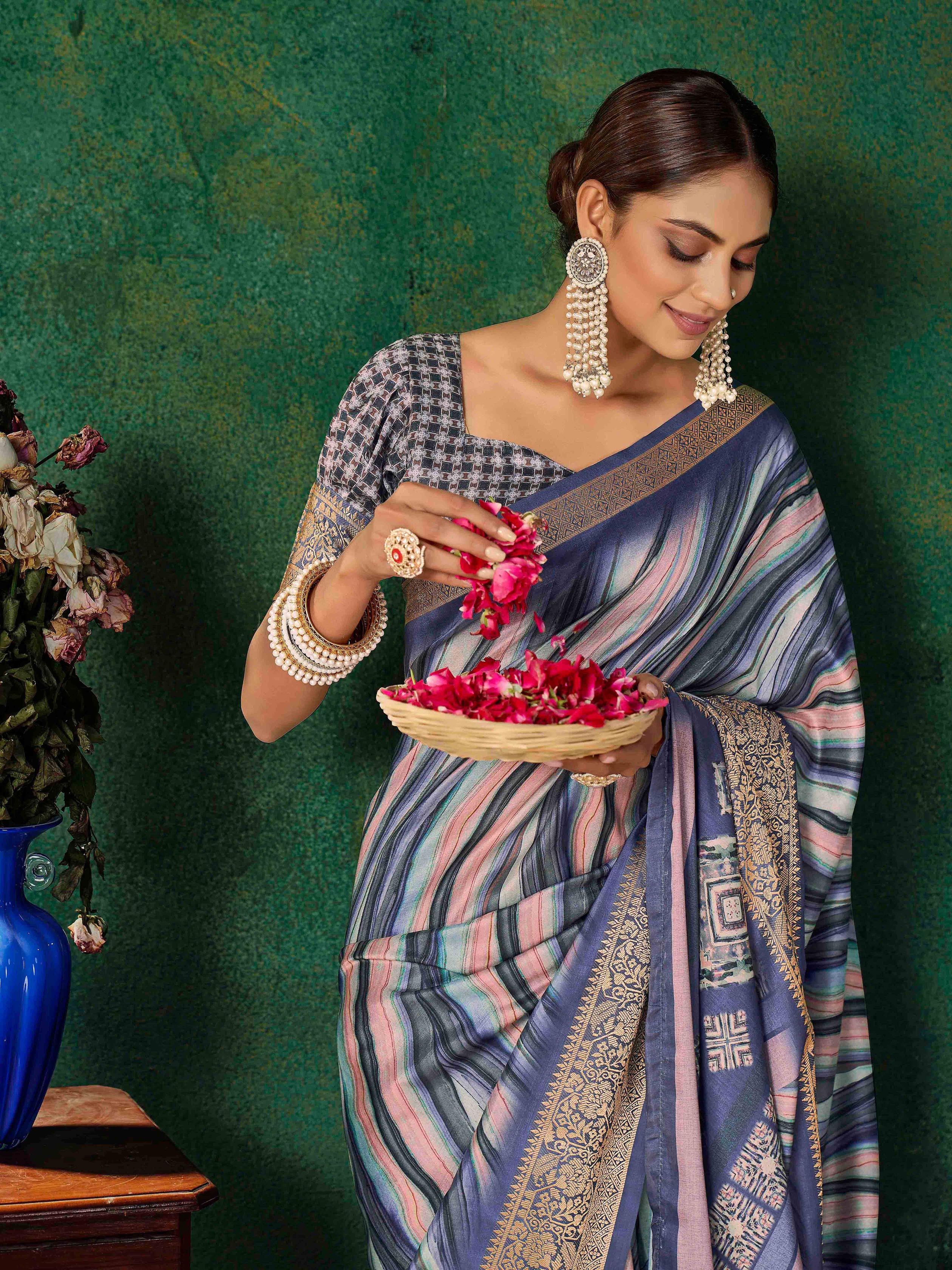 Blue Velvet Tussar Silk  Saree