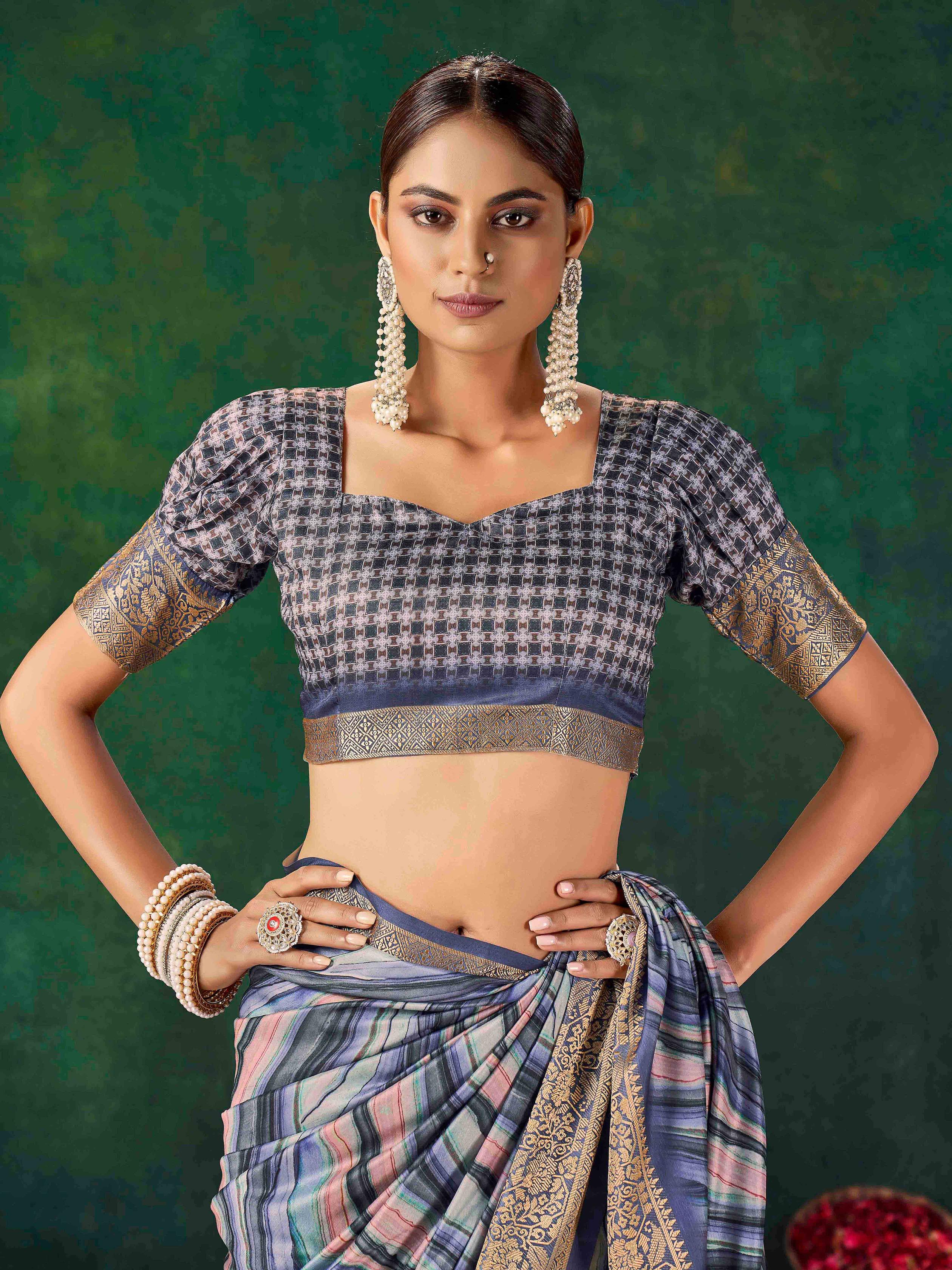 Blue Velvet Tussar Silk  Saree