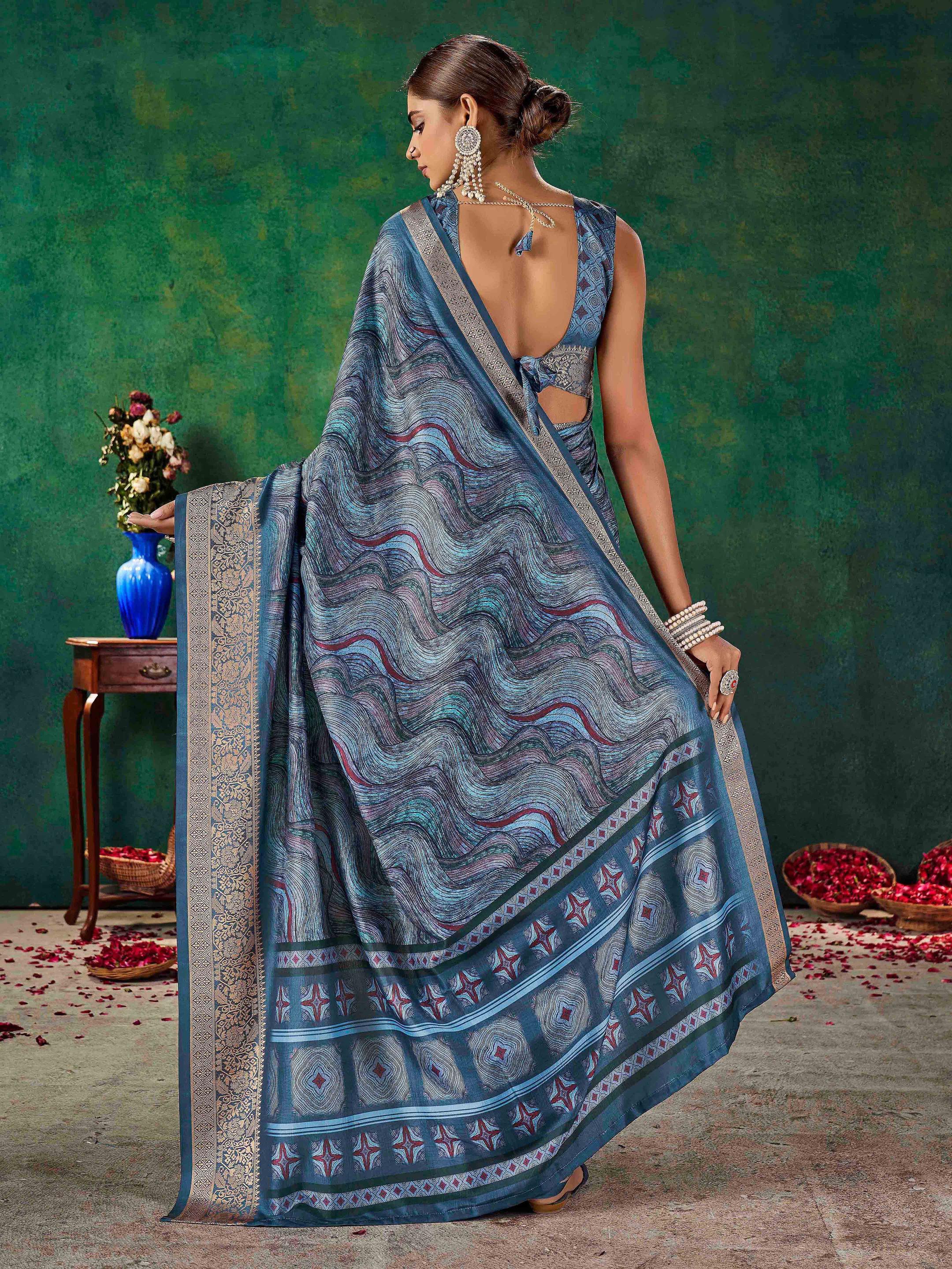 Navy Blue Velvet Tussar Silk  Saree