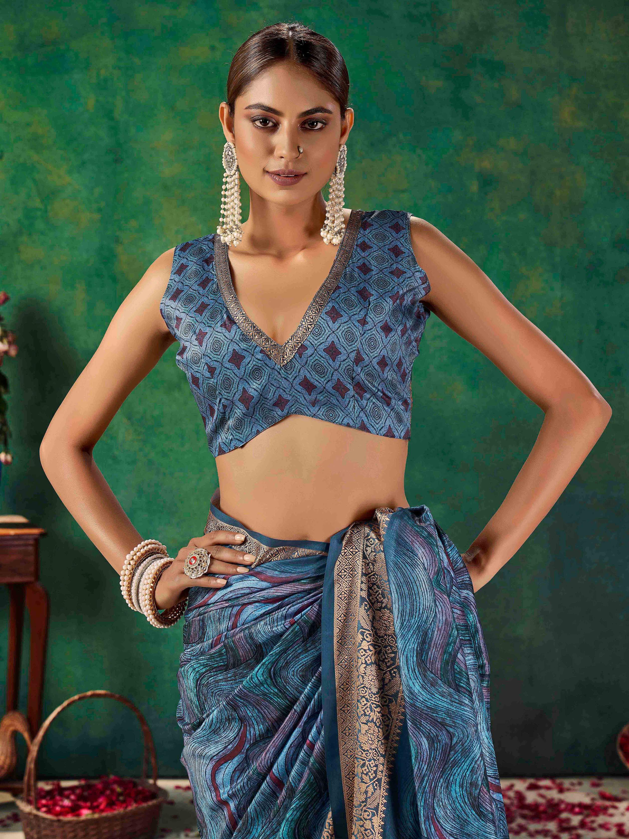 Navy Blue Velvet Tussar Silk  Saree