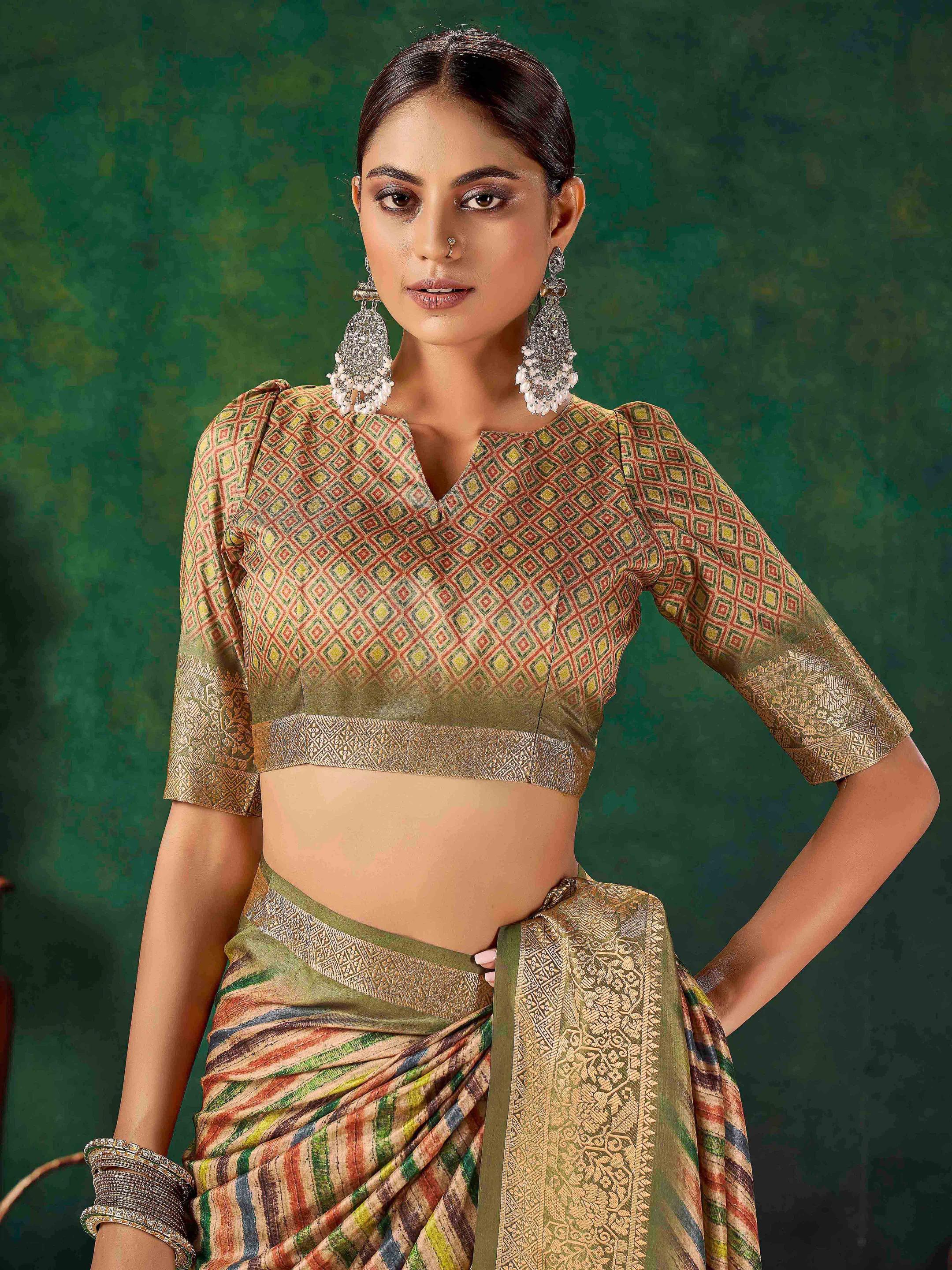 Olive Green Velvet Tussar Silk  Saree