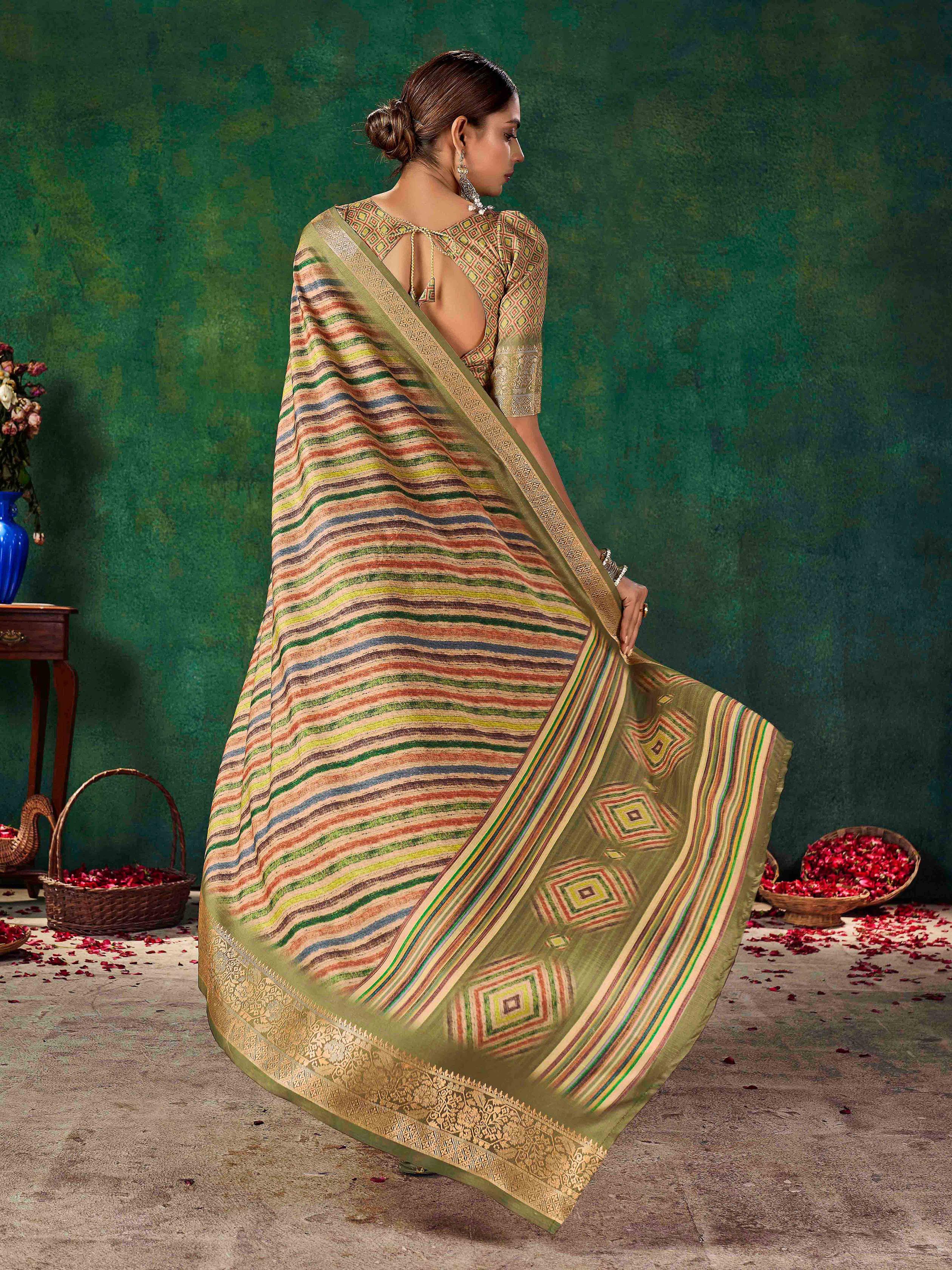 Olive Green Velvet Tussar Silk  Saree