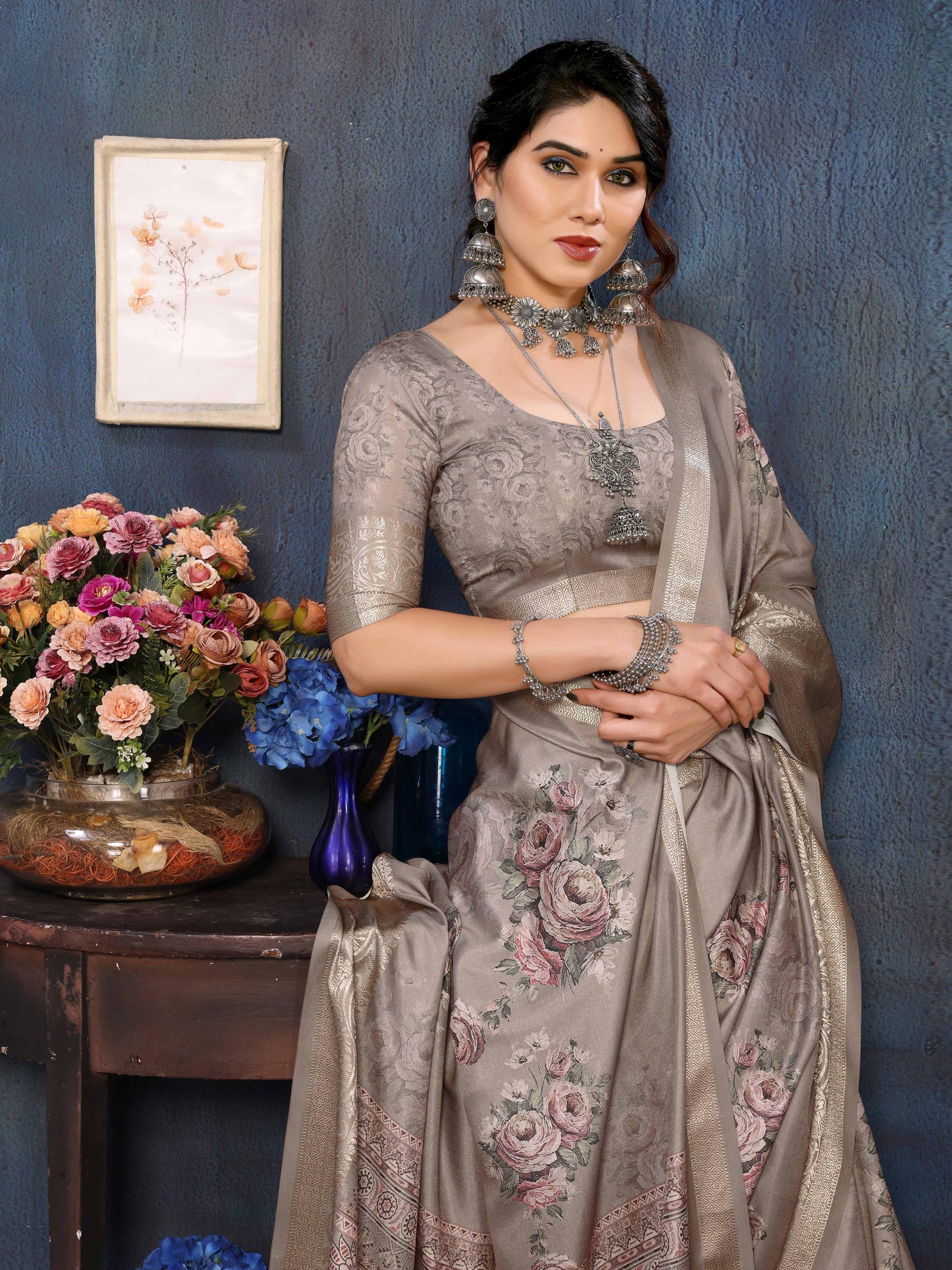 Grey Velvet Tussar Silk Woven Jacquard Saree