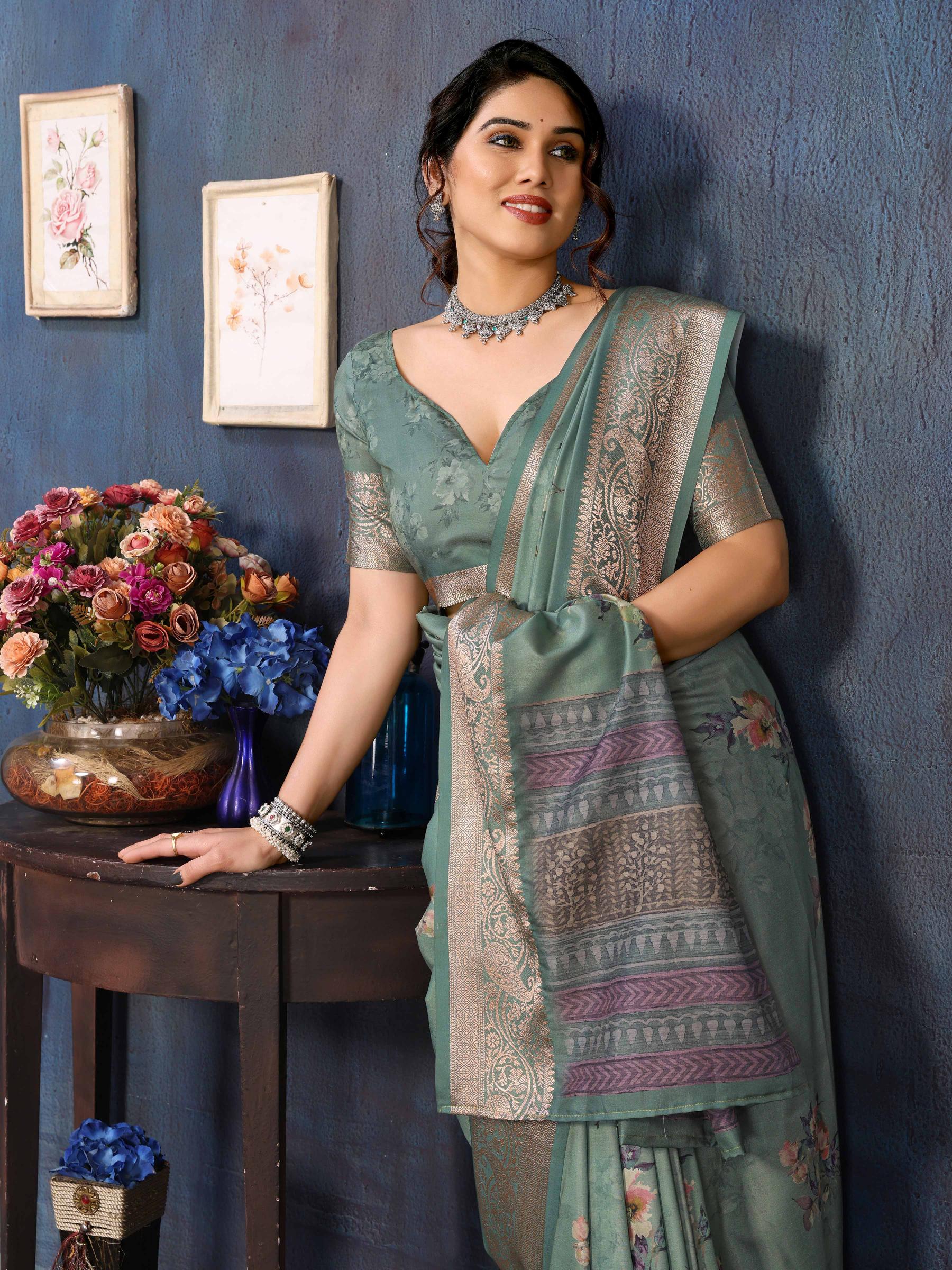 Green Velvet Tussar Silk Woven Jacquard Saree