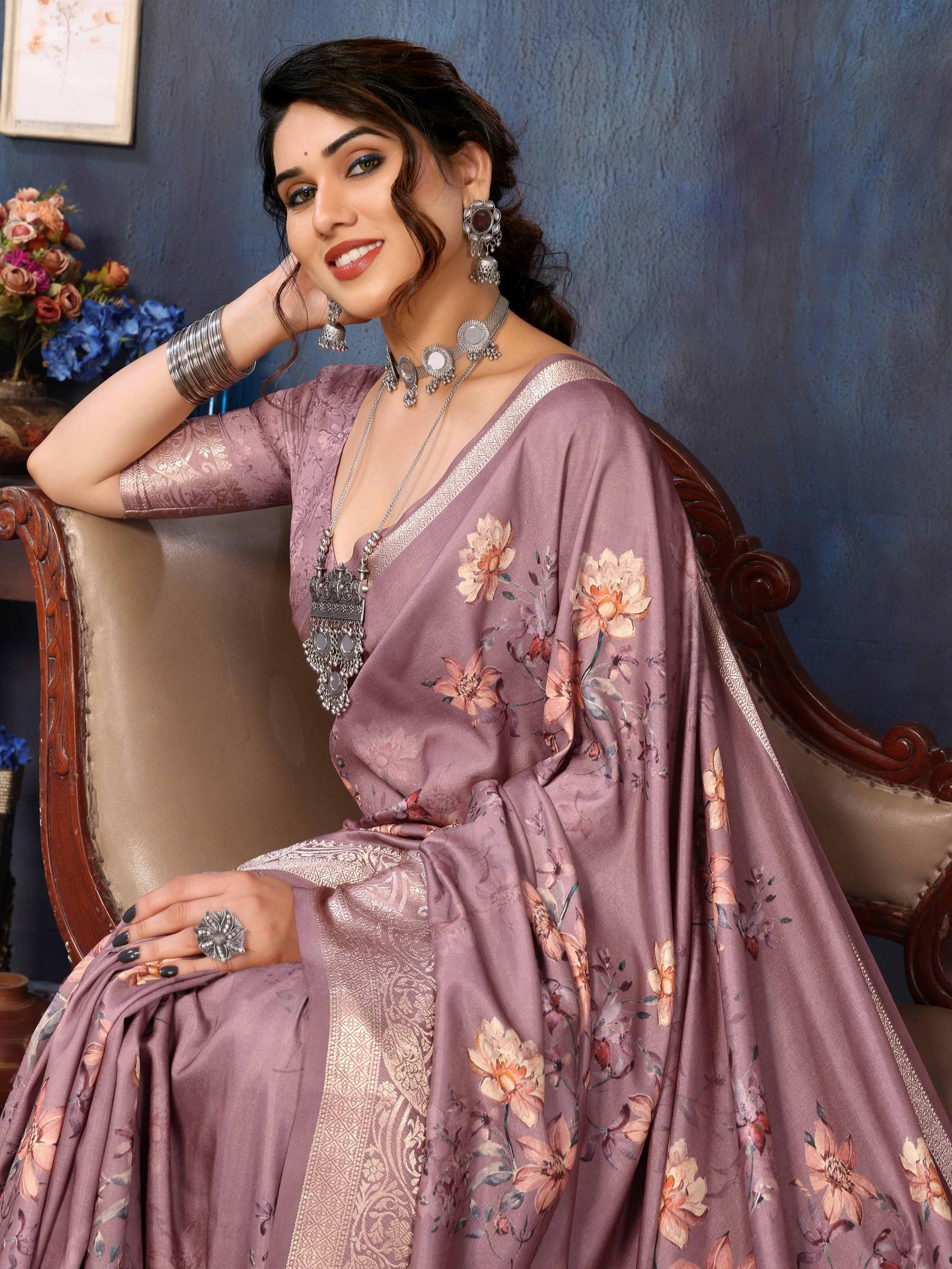 Taupe Velvet Tussar Silk Woven Jacquard Saree