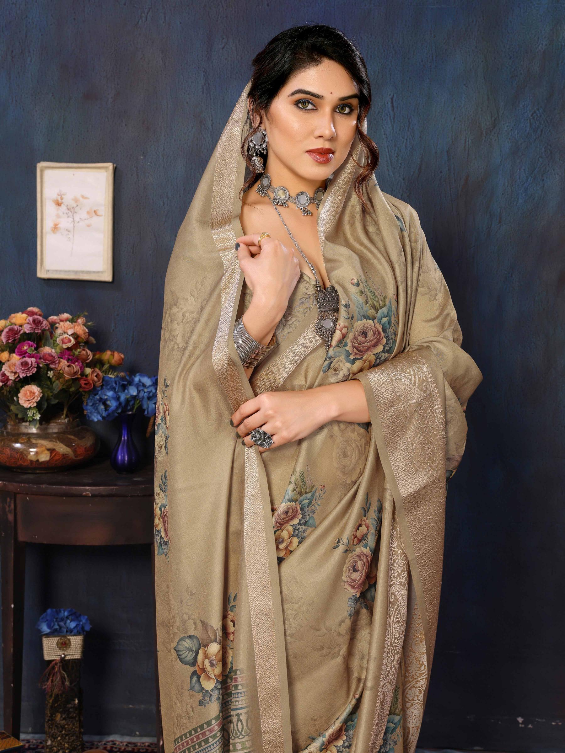 Beige Velvet Tussar Silk Woven Jacquard Saree
