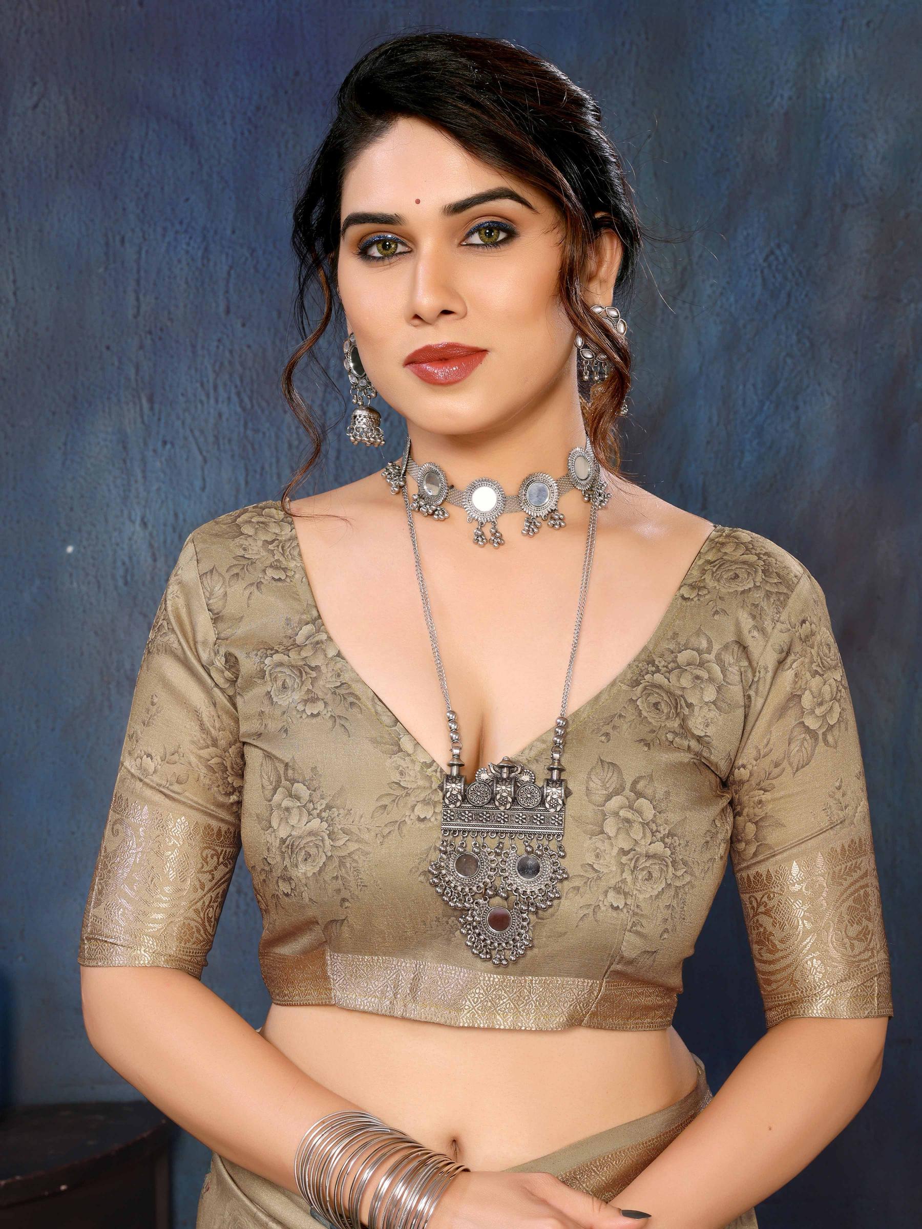 Beige Velvet Tussar Silk Woven Jacquard Saree