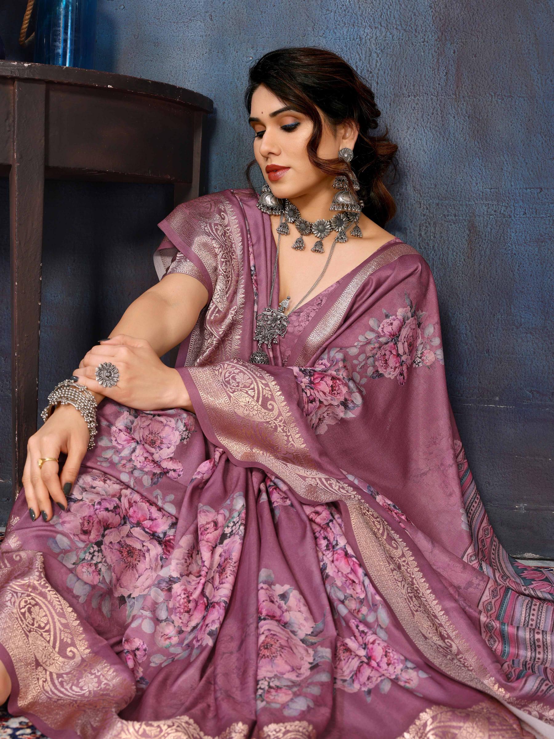 Pink Velvet Tussar Silk Woven Jacquard Saree