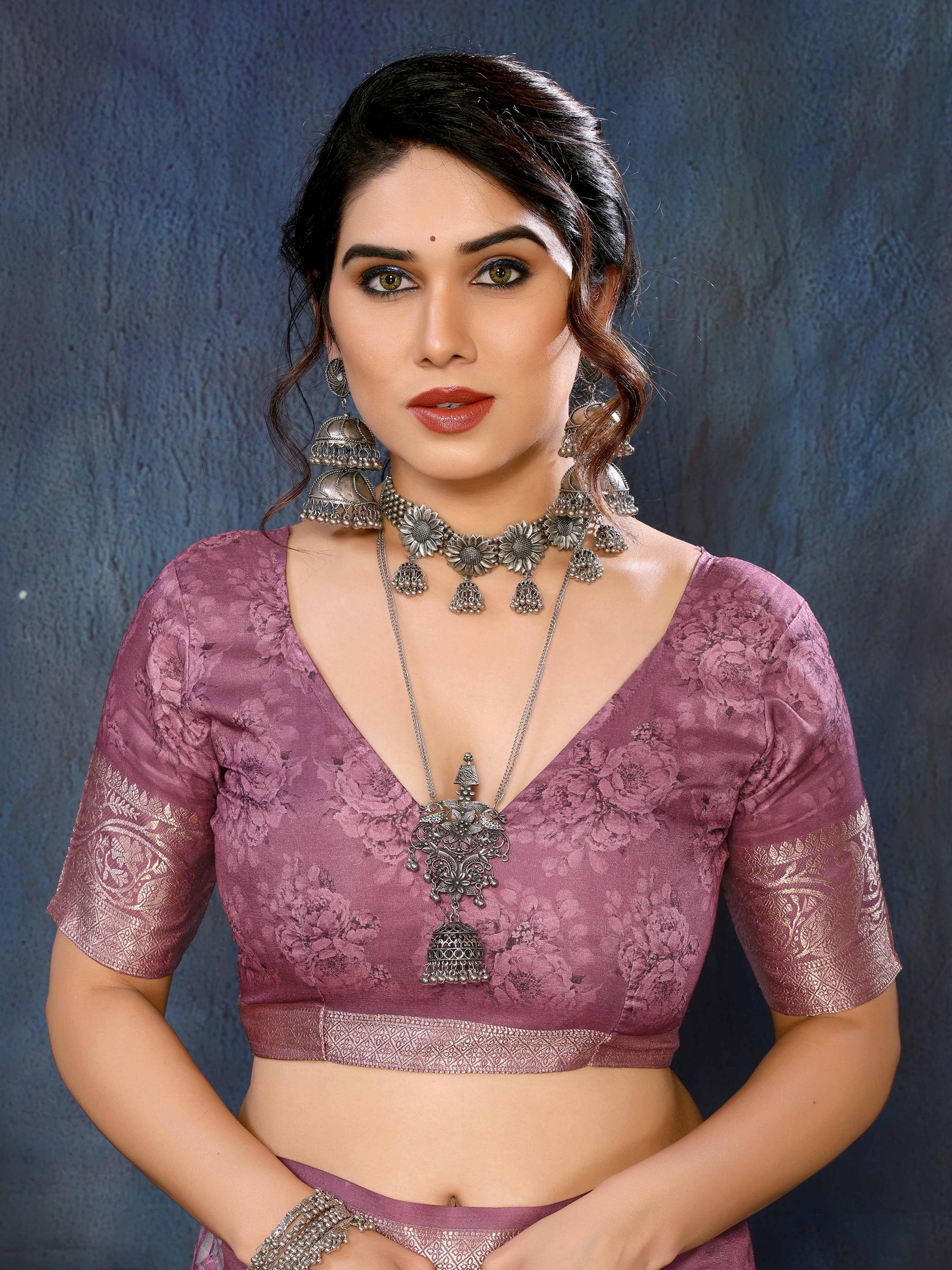 Pink Velvet Tussar Silk Woven Jacquard Saree