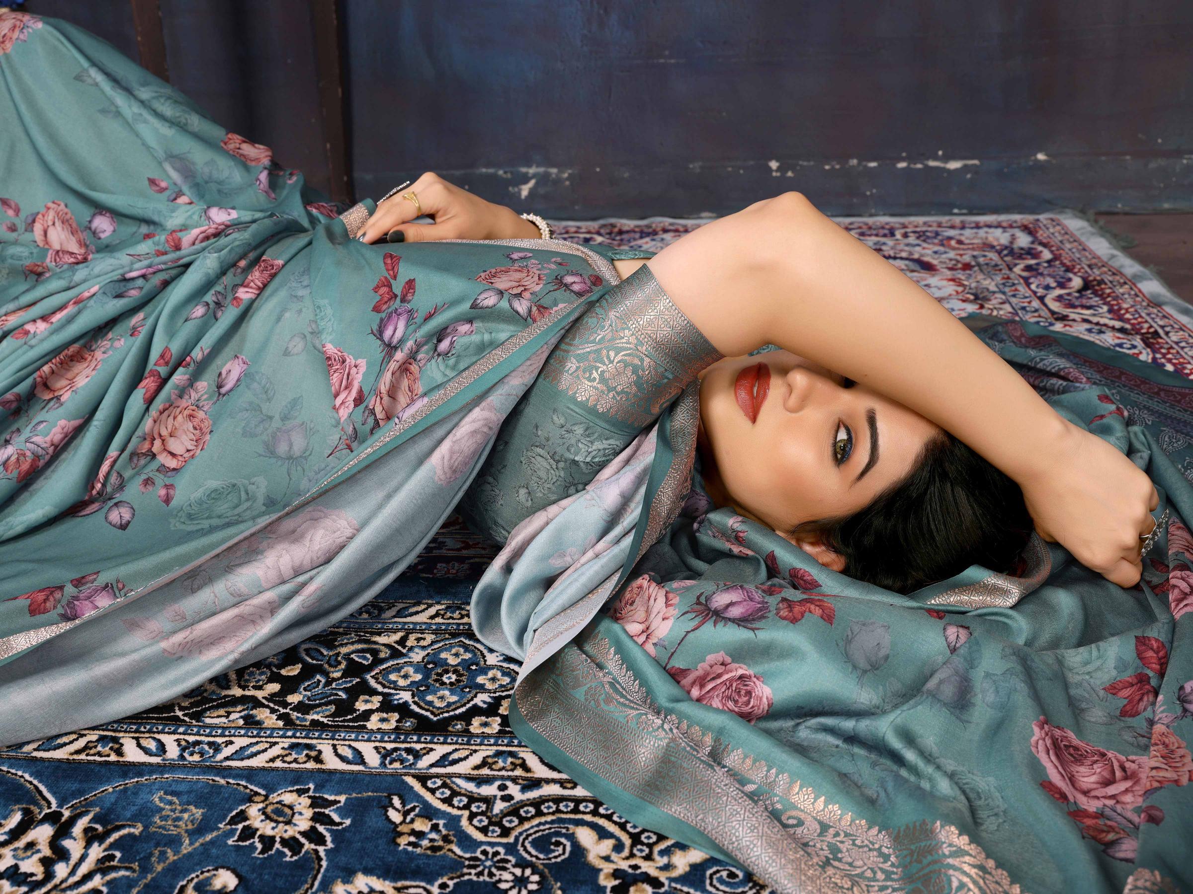 Green Velvet Tussar Silk Woven Jacquard Saree