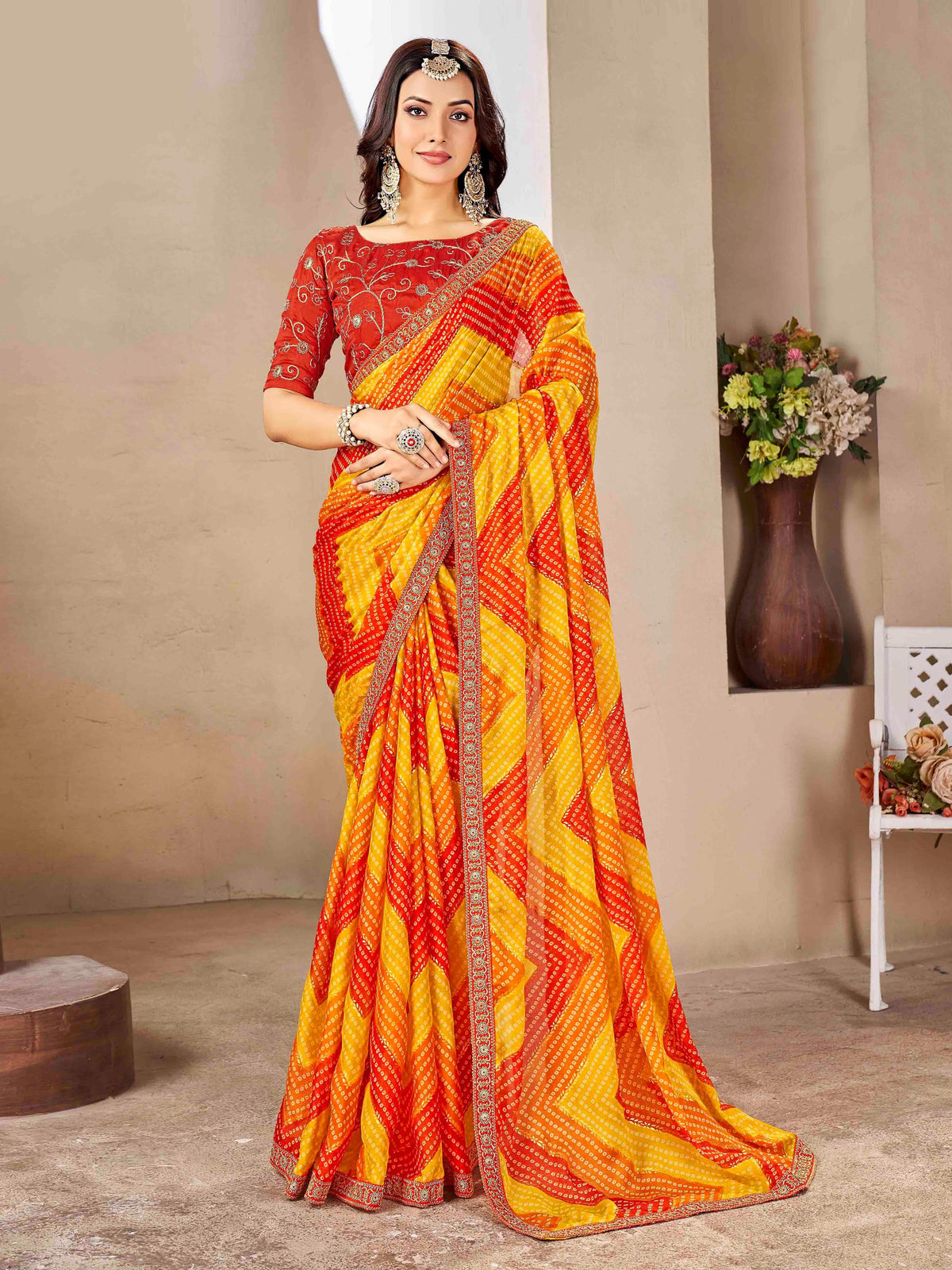 Yellow & Red Moss chiffion Bandhani Print Saree-SRDHA1001