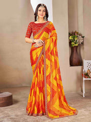Yellow & Red Moss chiffion Bandhani Print Saree-SRDHA1001