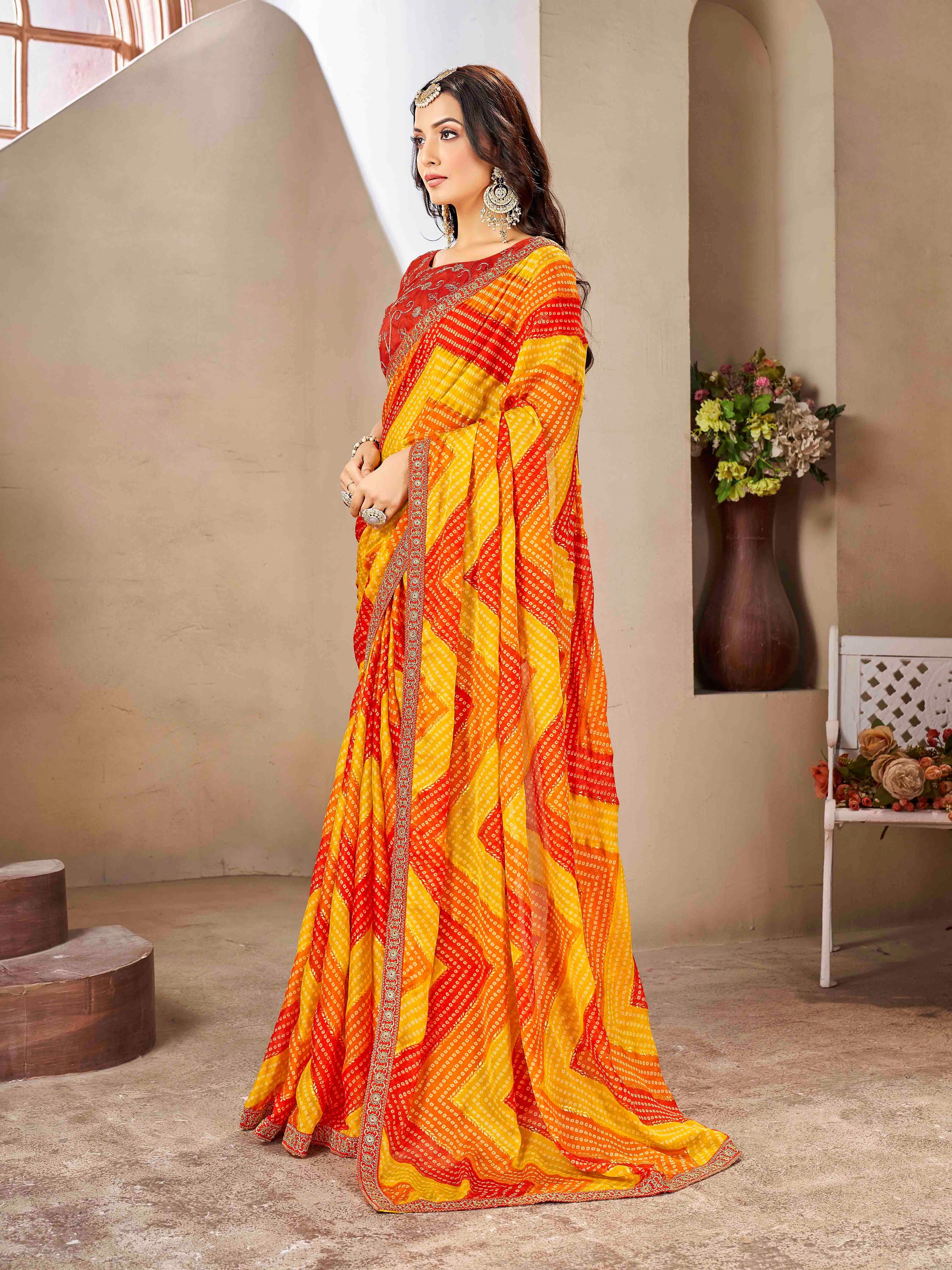 Yellow & Red Moss chiffion Bandhani Print Saree