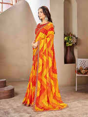Yellow & Red Moss chiffion Bandhani Print Saree