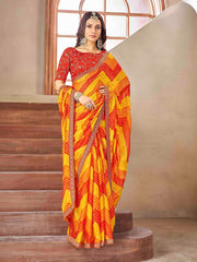 Yellow & Red Moss chiffion Bandhani Print Saree