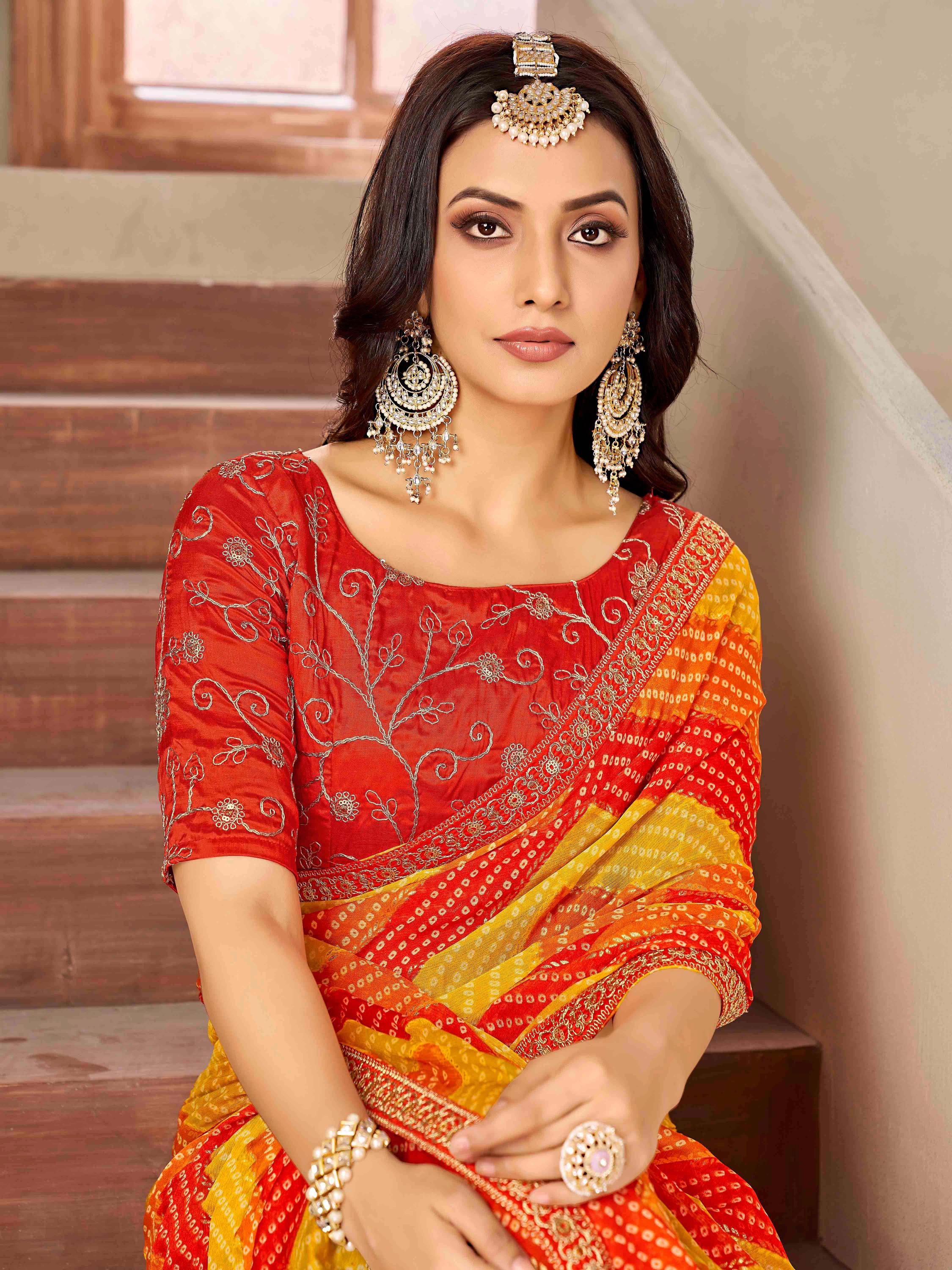 Yellow & Red Moss chiffion Bandhani Print Saree