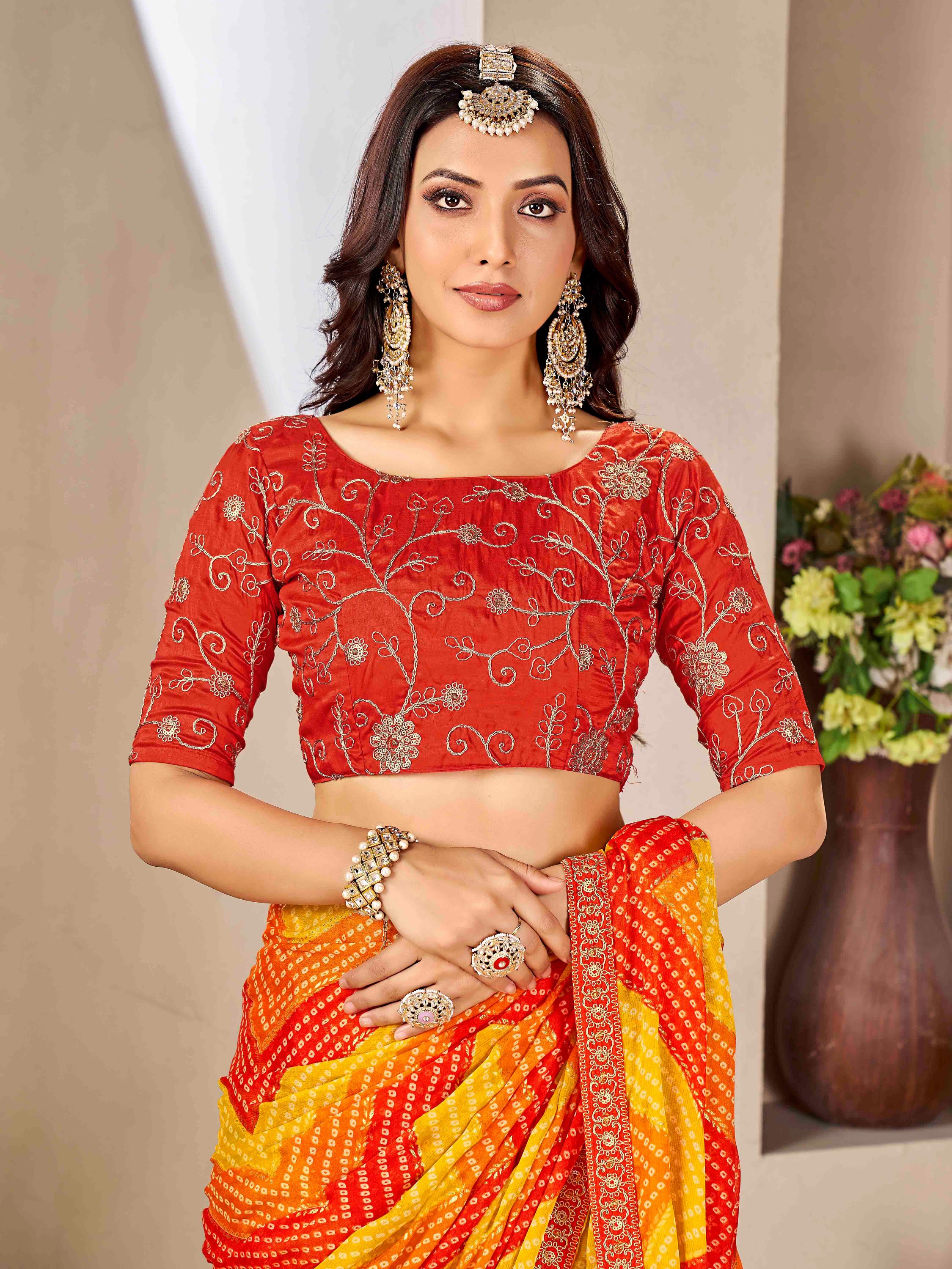 Yellow & Red Moss chiffion Bandhani Print Saree