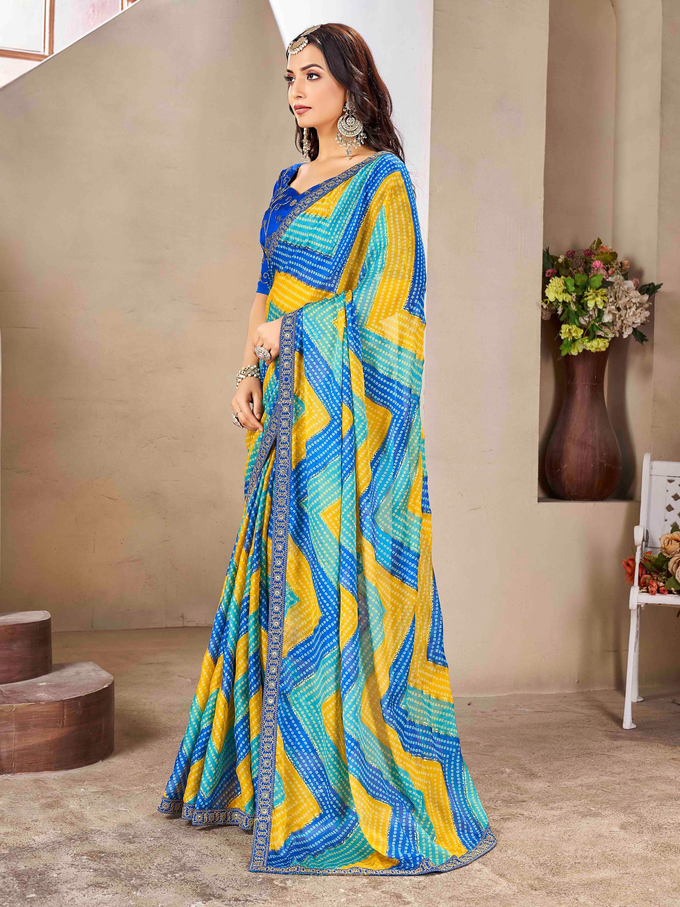 Yellow & Blue Moss chiffion Bandhani Print Saree