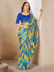 Yellow & Blue Moss chiffion Bandhani Print Saree