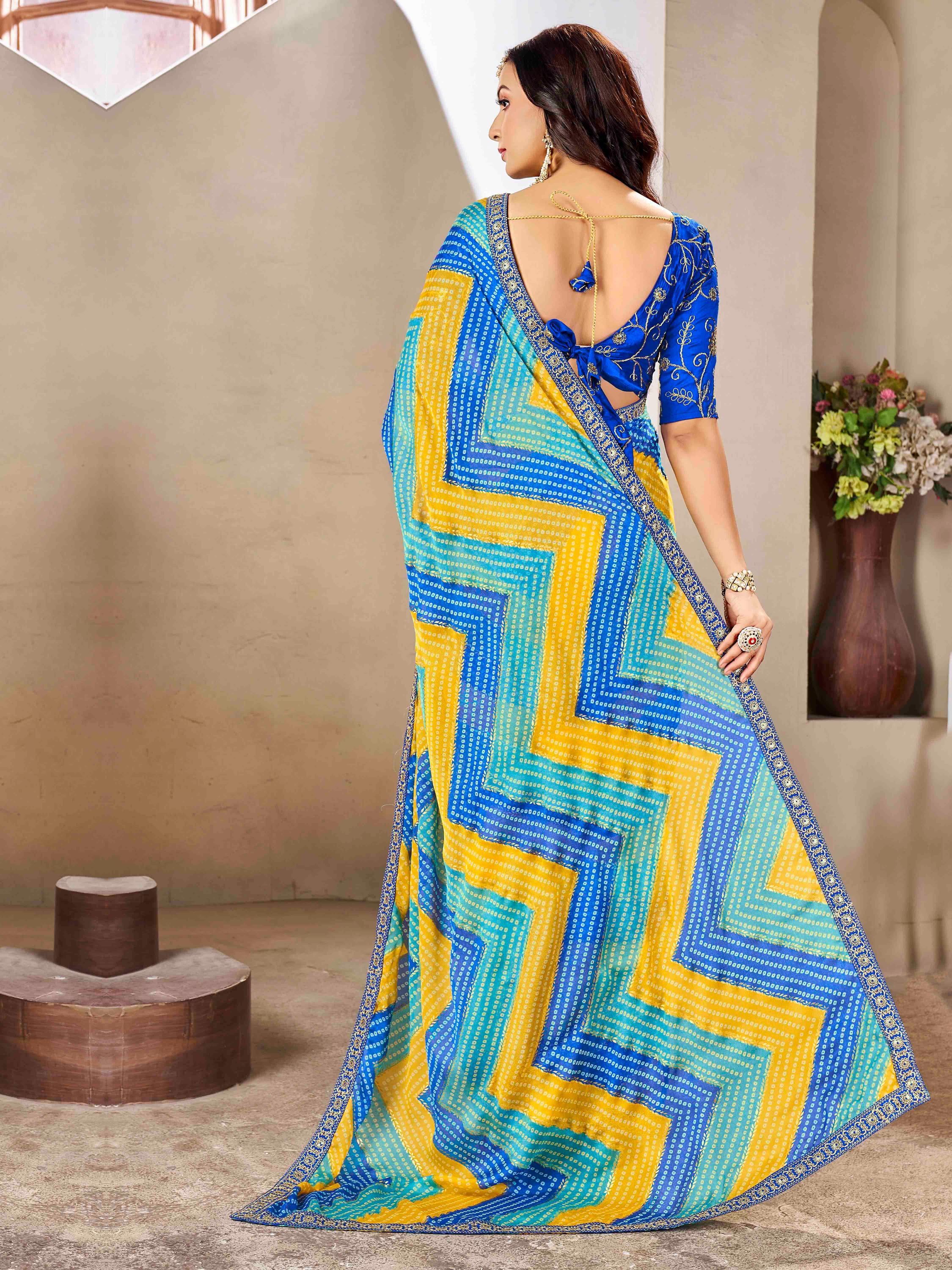 Yellow & Blue Moss chiffion Bandhani Print Saree