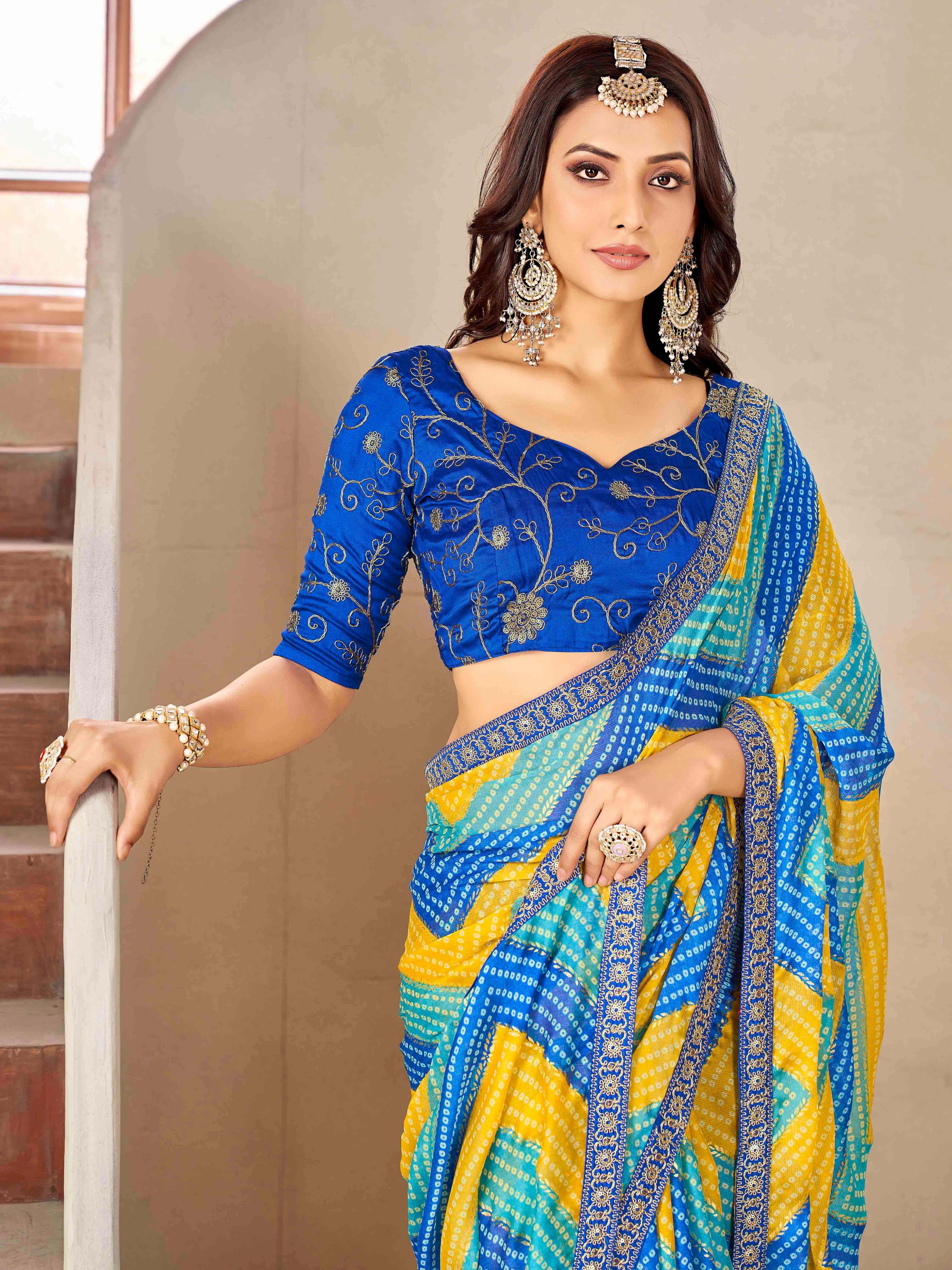 Yellow & Blue Moss chiffion Bandhani Print Saree