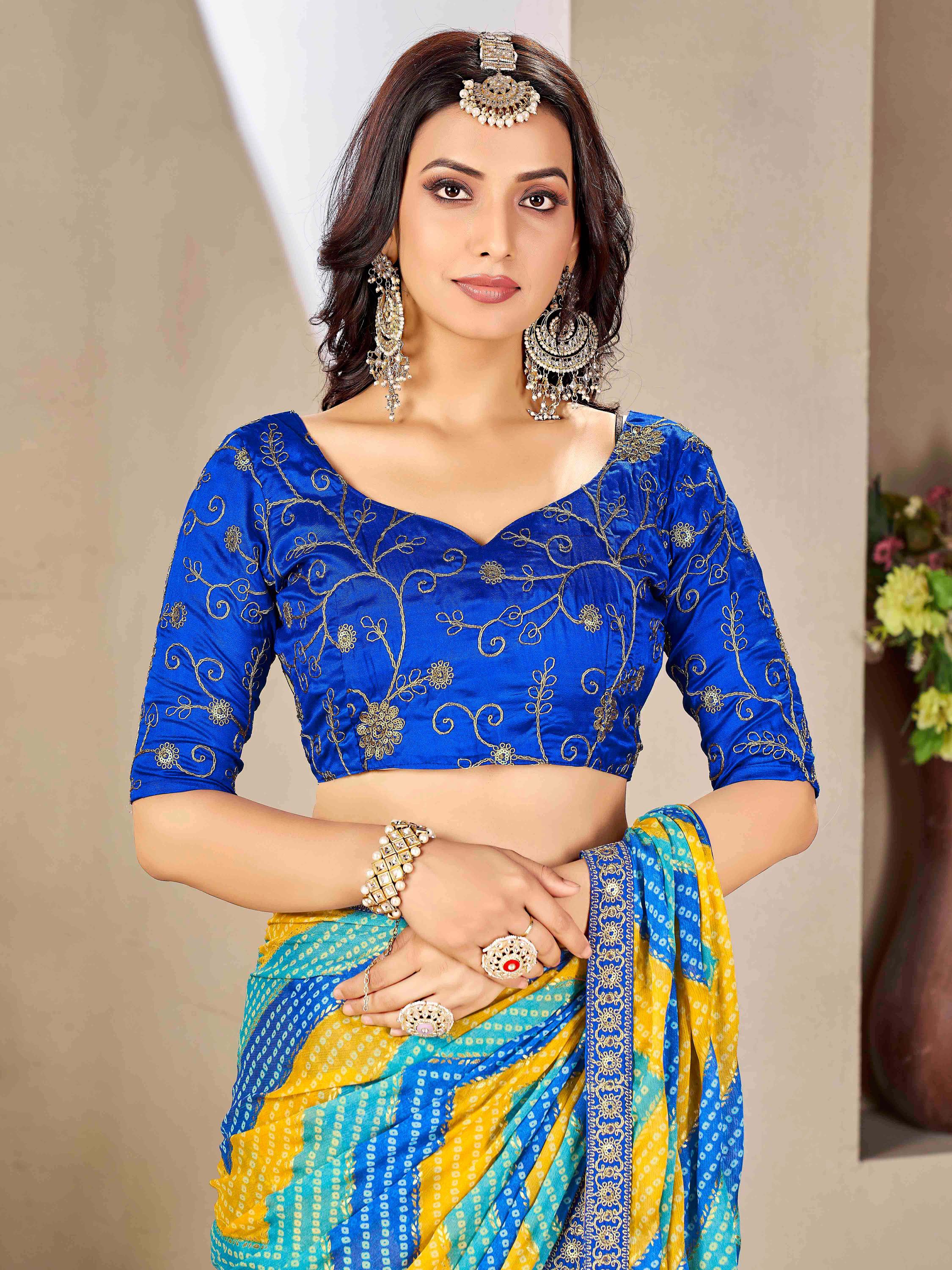 Yellow & Blue Moss chiffion Bandhani Print Saree