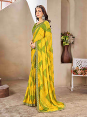 Yellow & Green Moss chiffion Bandhani Print Saree
