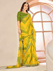 Yellow & Green Moss chiffion Bandhani Print Saree