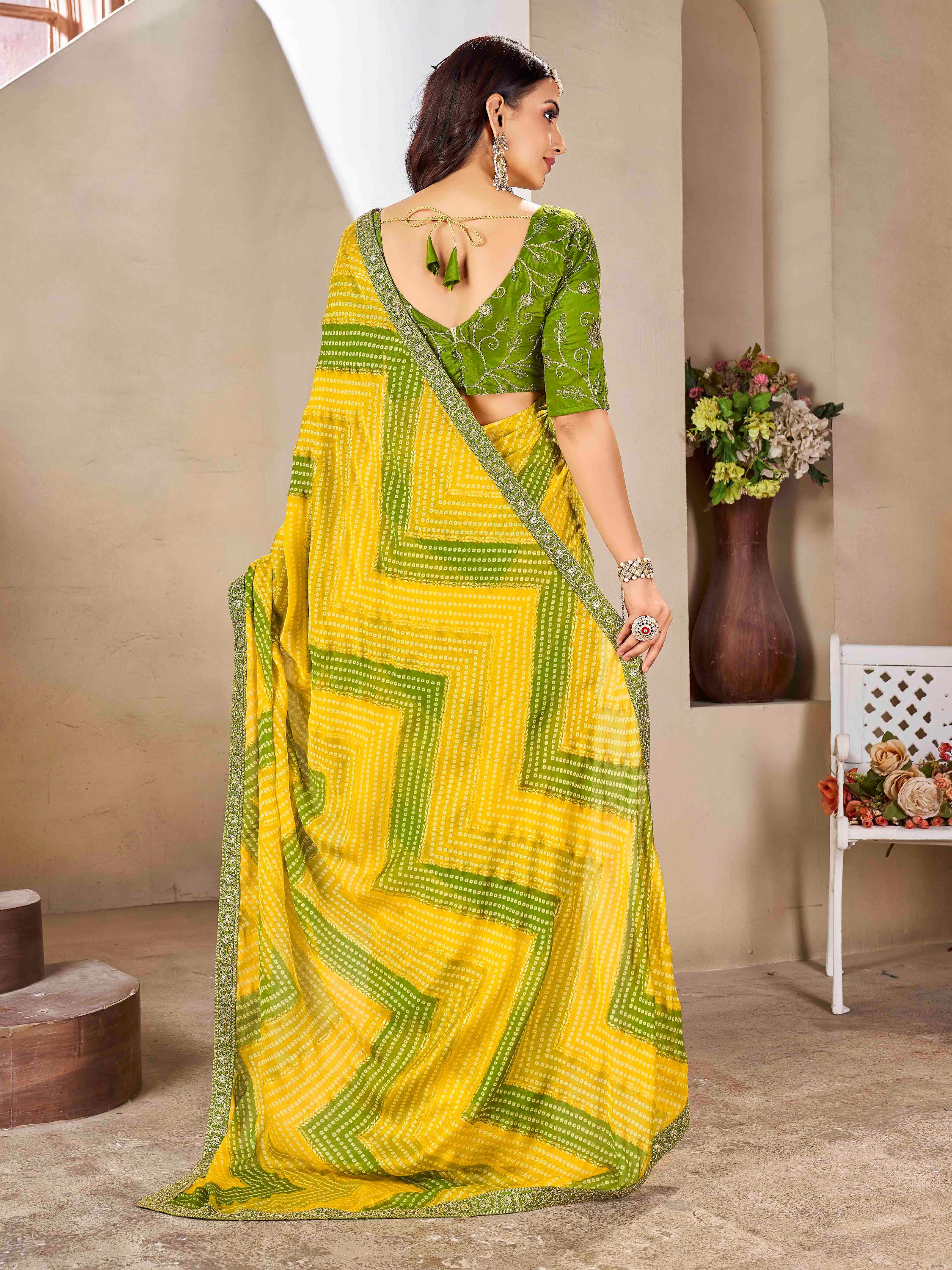 Yellow & Green Moss chiffion Bandhani Print Saree