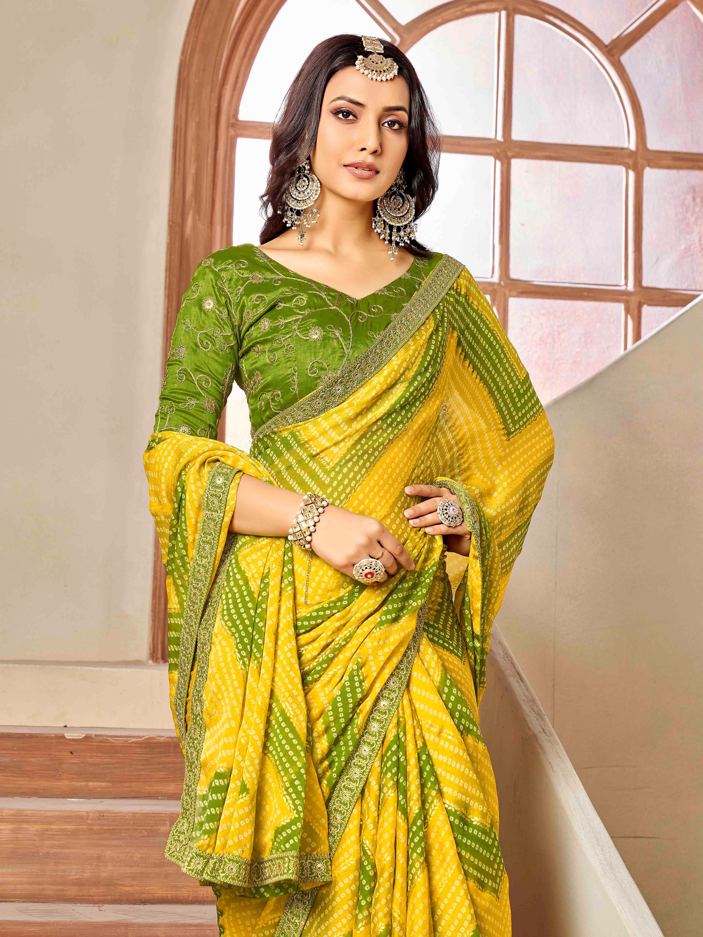 Yellow & Green Moss chiffion Bandhani Print Saree