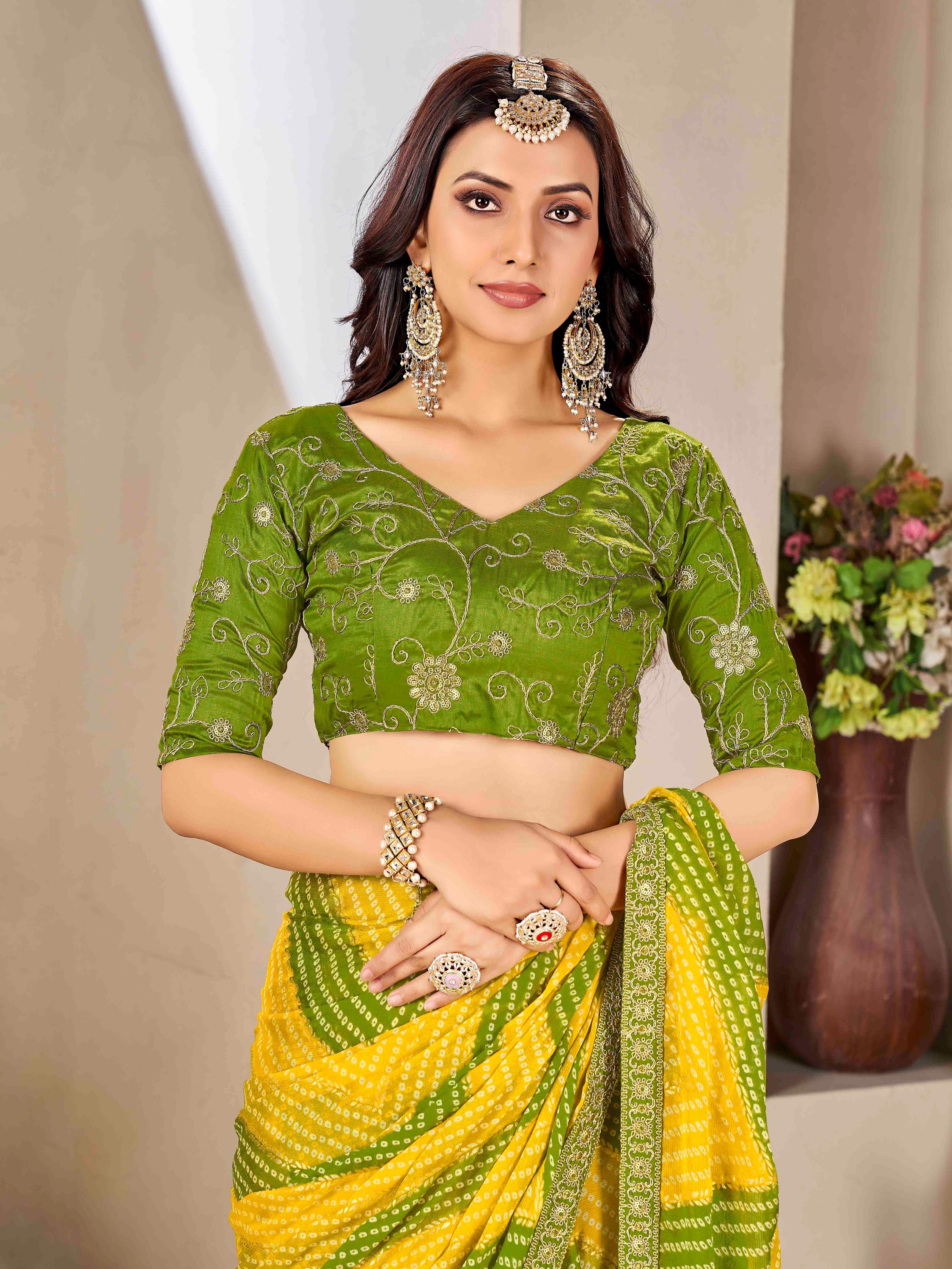 Yellow & Green Moss chiffion Bandhani Print Saree