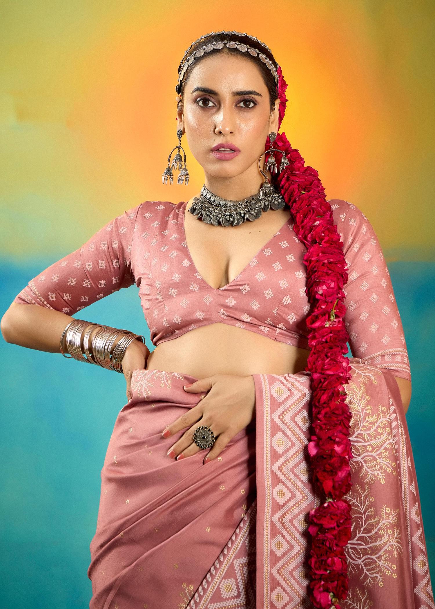 Peach Velvet Tussar Silk Printed Saree
