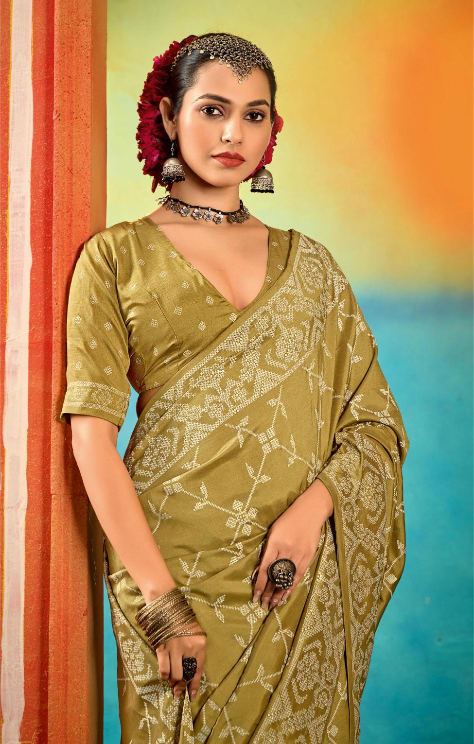 Olive Green Velvet Tussar Silk Printed Saree