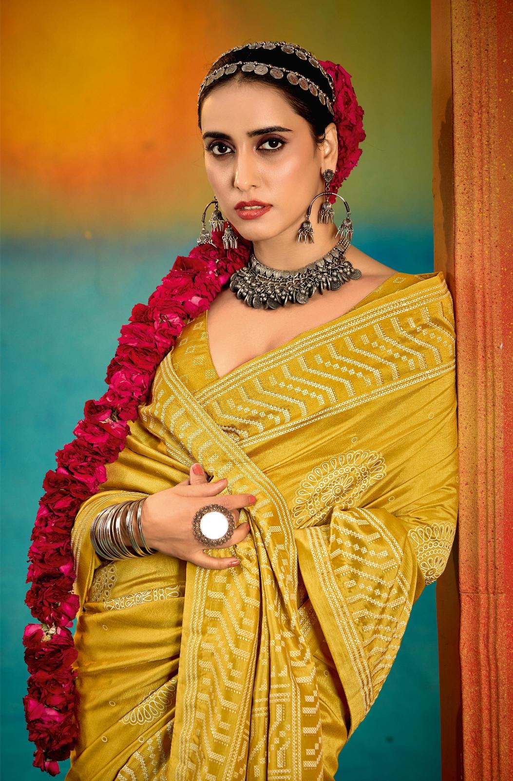 Mustard Velvet Tussar Silk Printed Saree