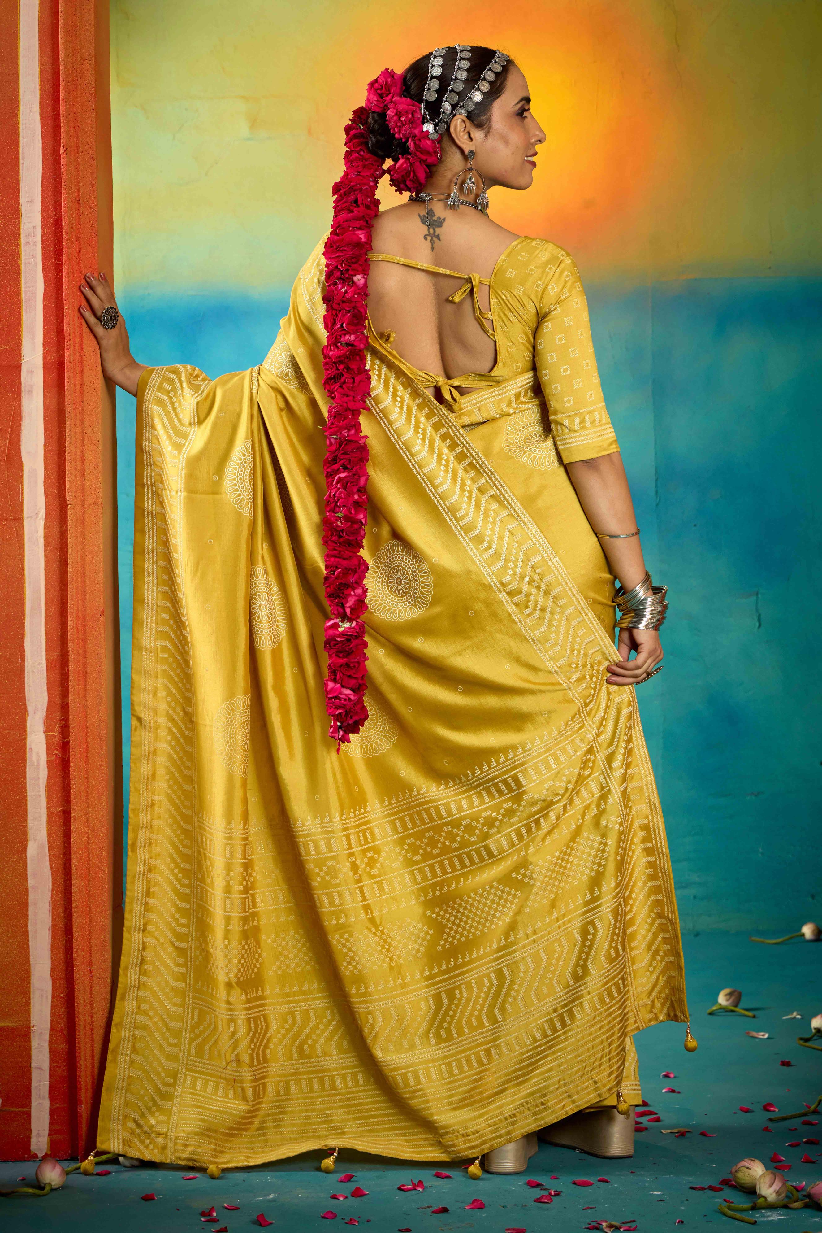 Mustard Velvet Tussar Silk Printed Saree