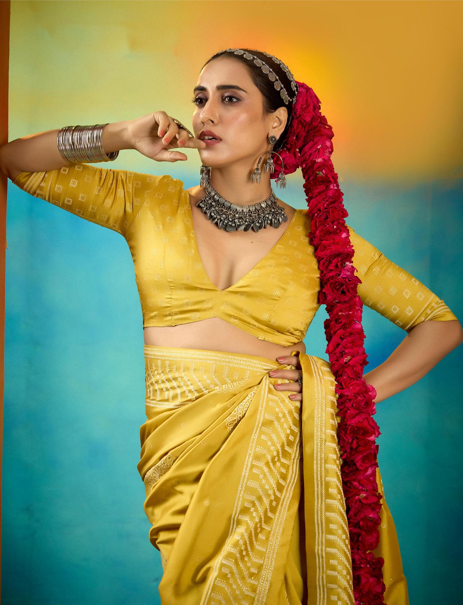 Mustard Velvet Tussar Silk Printed Saree
