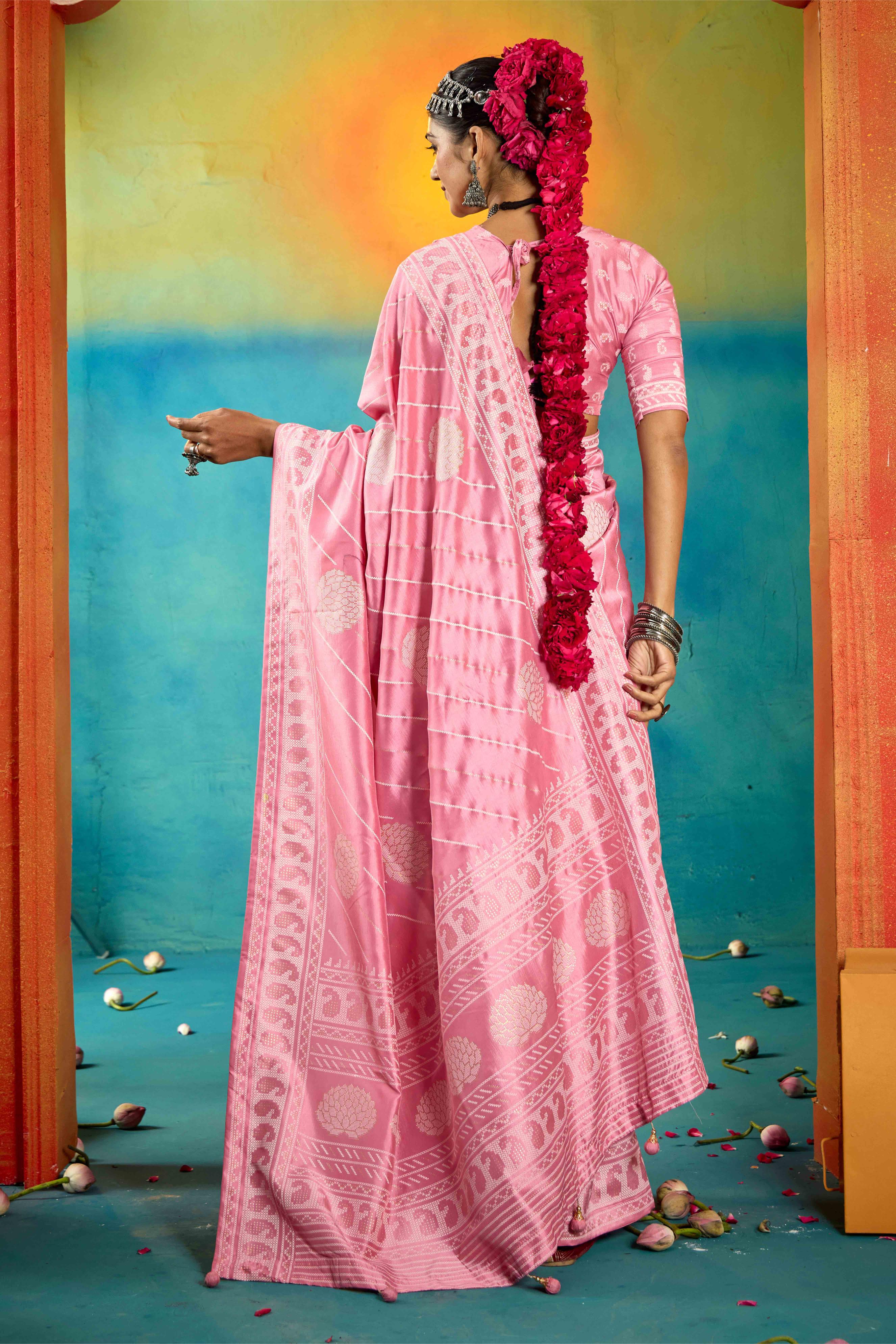 Baby Pink Velvet Tussar Silk Printed Saree