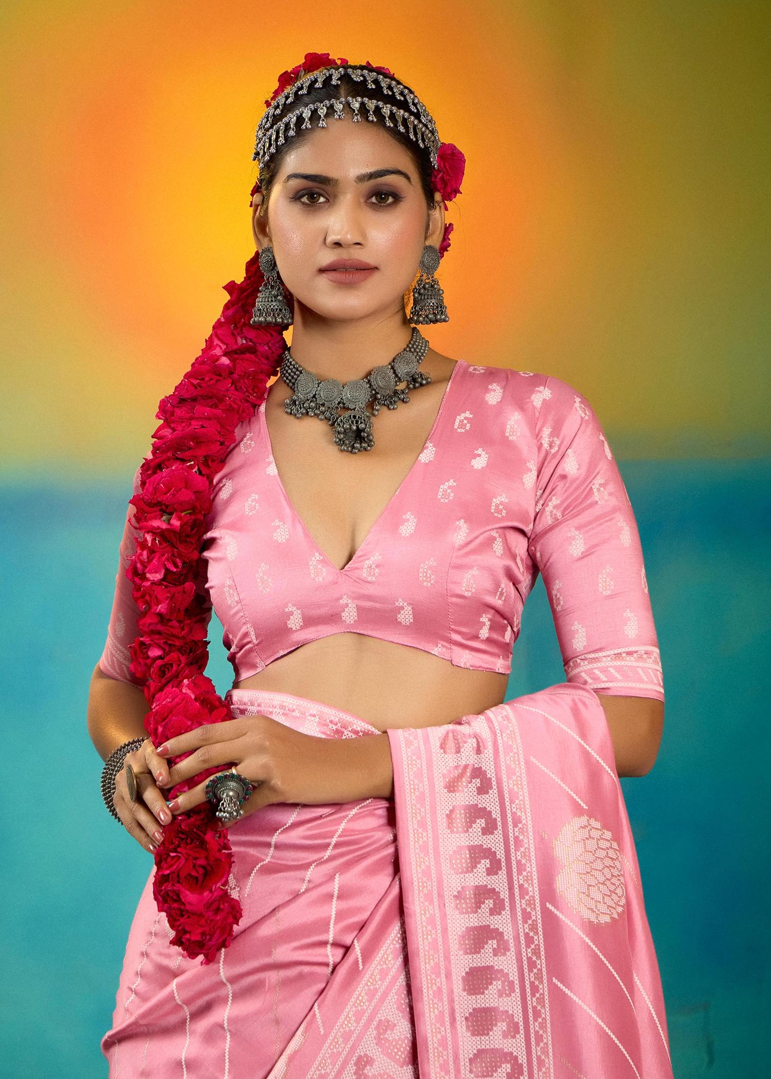 Baby Pink Velvet Tussar Silk Printed Saree