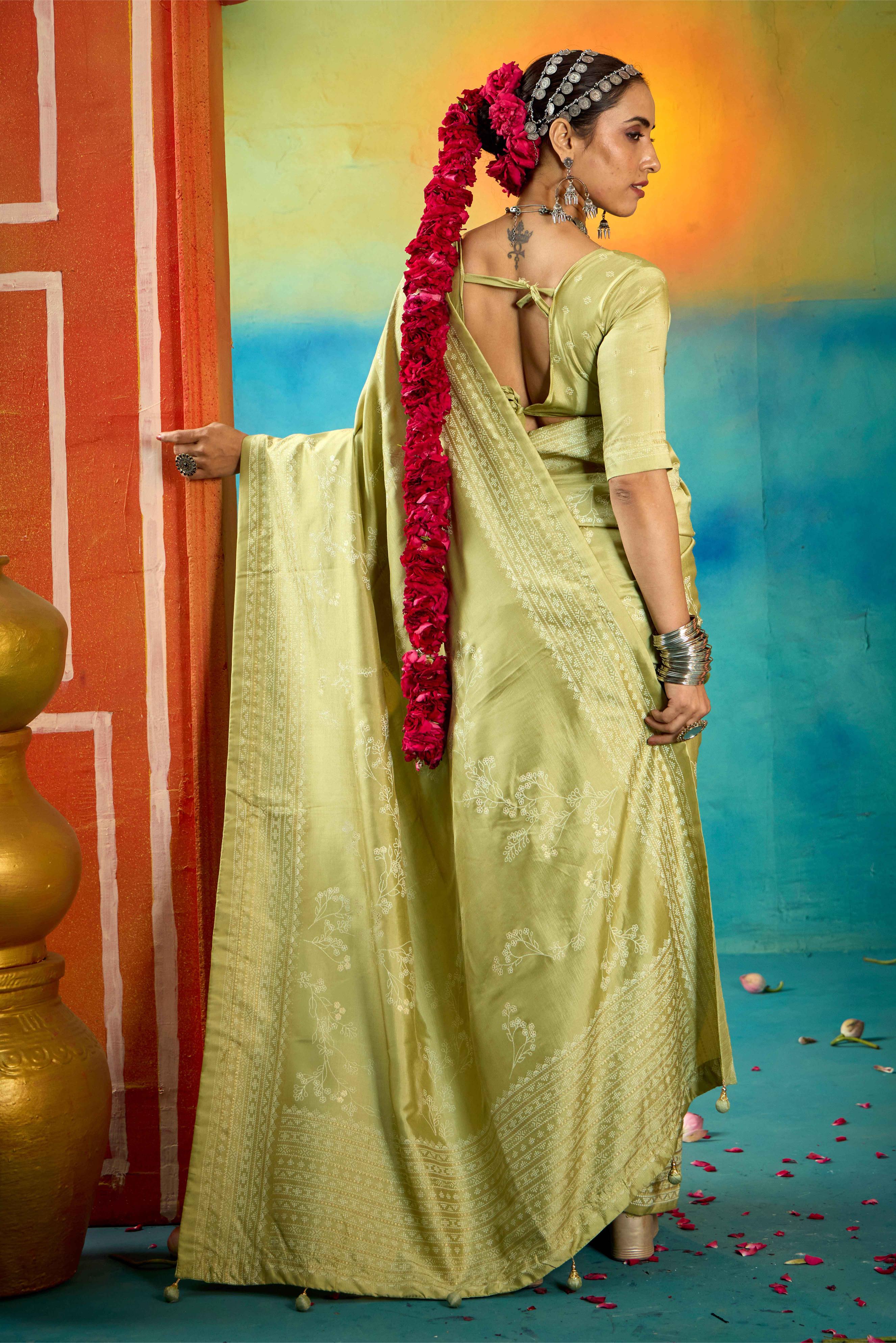 Pista Green Velvet Tussar Silk Printed Saree